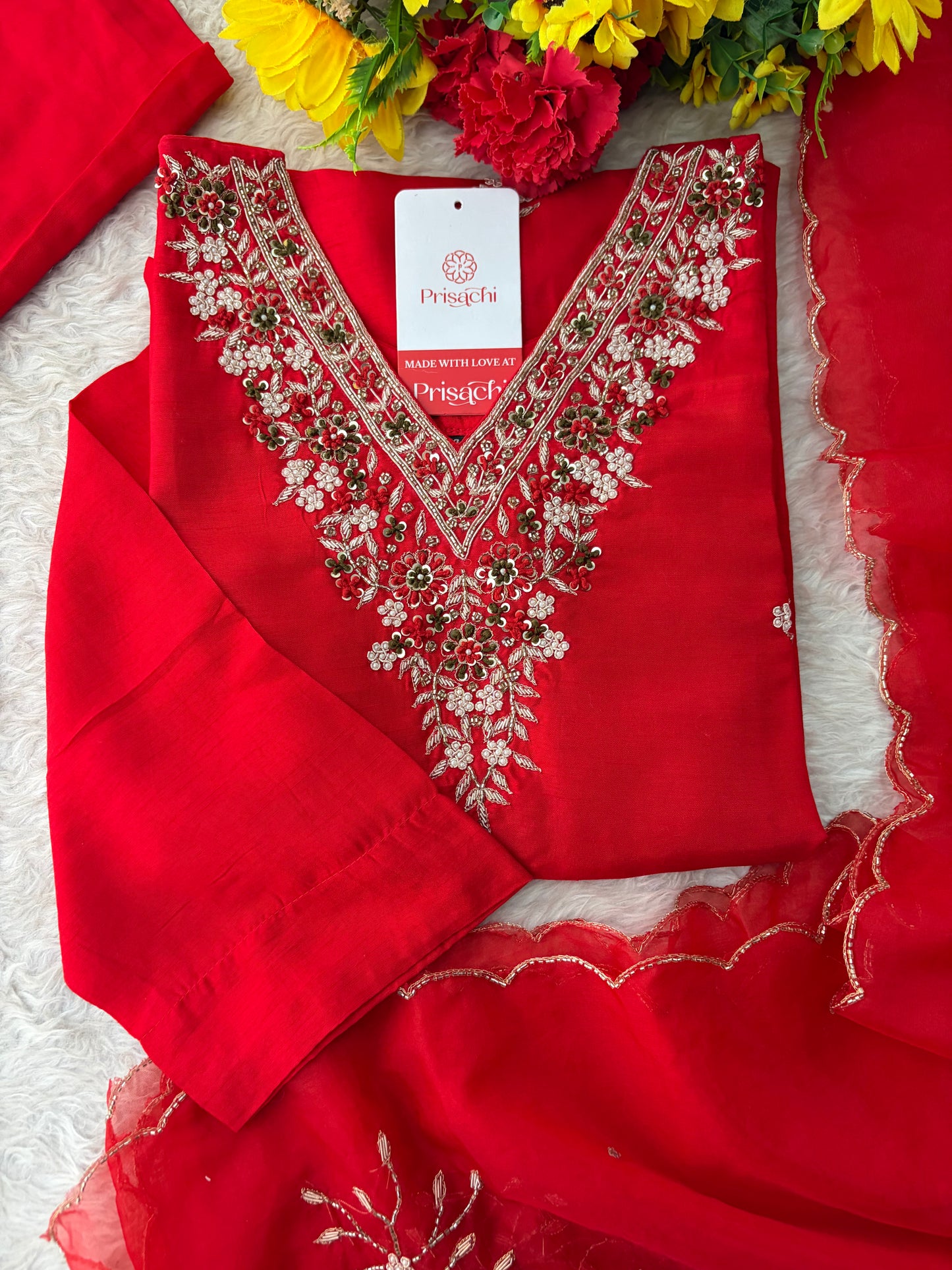 Prisachi Red Zardozi Embroidered Kurta Set Straight Pants with Scalloped Dupatta for Women