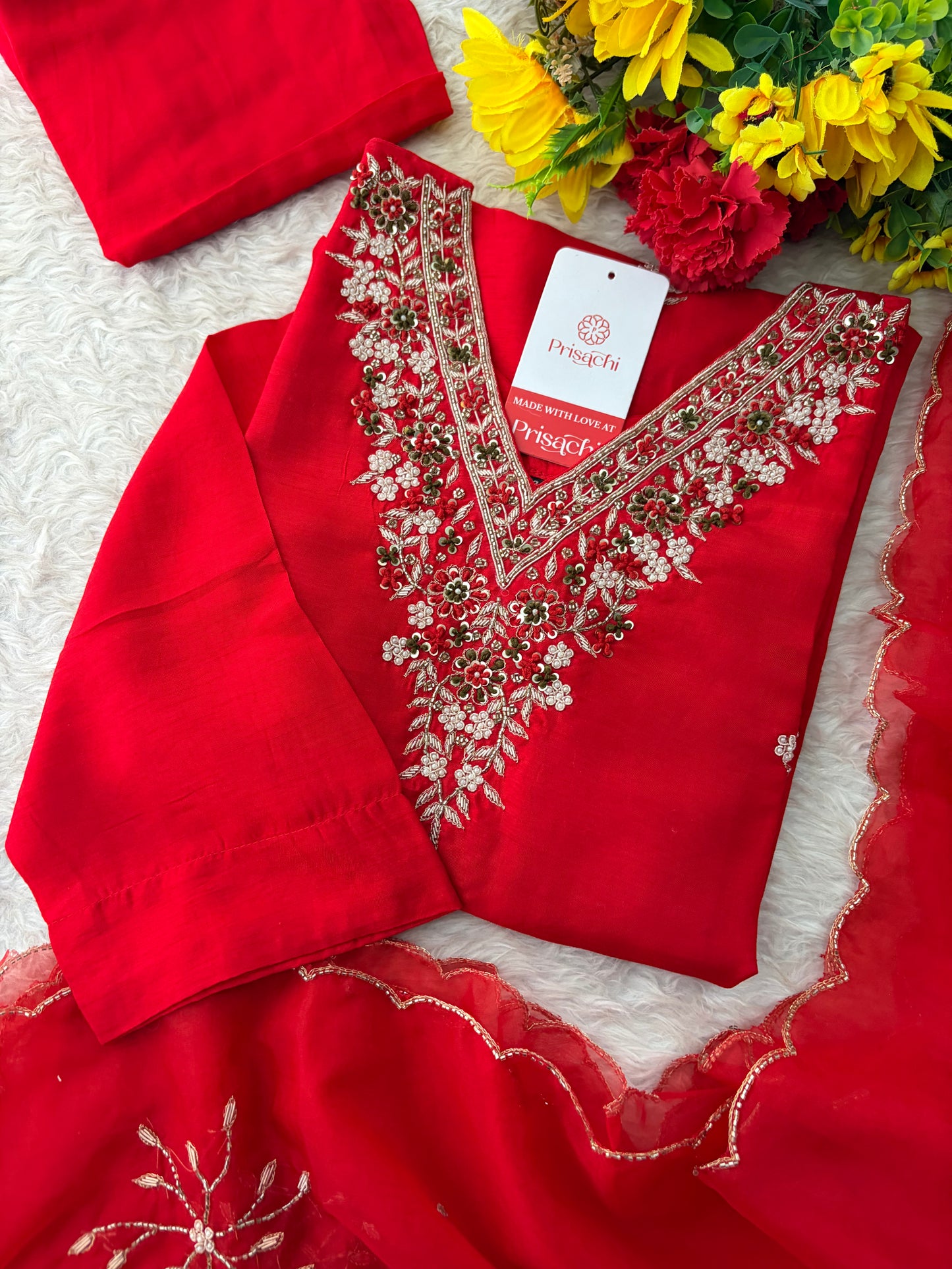 Prisachi Red Zardozi Embroidered Kurta Set Straight Pants with Scalloped Dupatta for Women