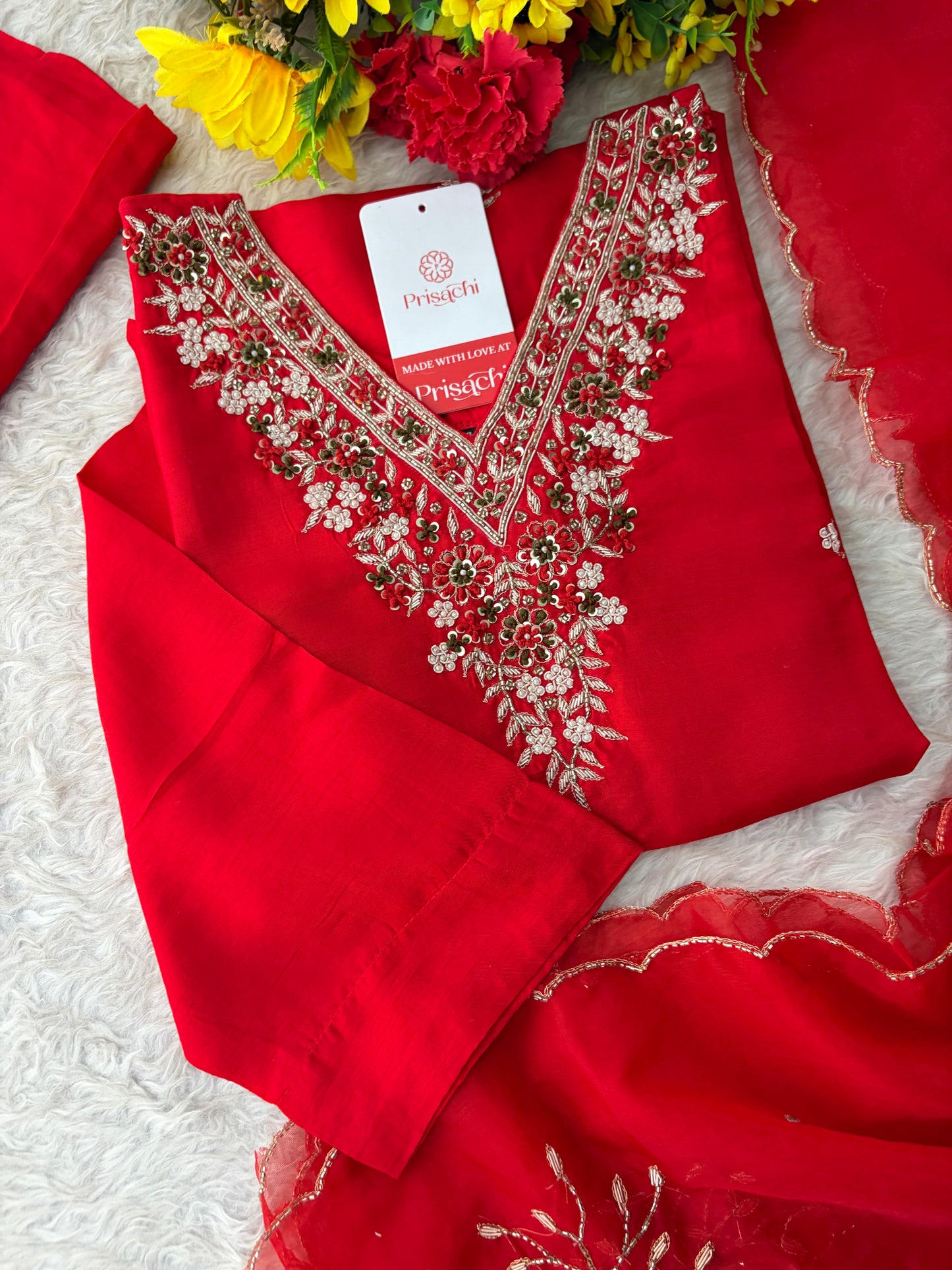 Prisachi Red Zardozi Embroidered Kurta Set Straight Pants with Scalloped Dupatta for Women