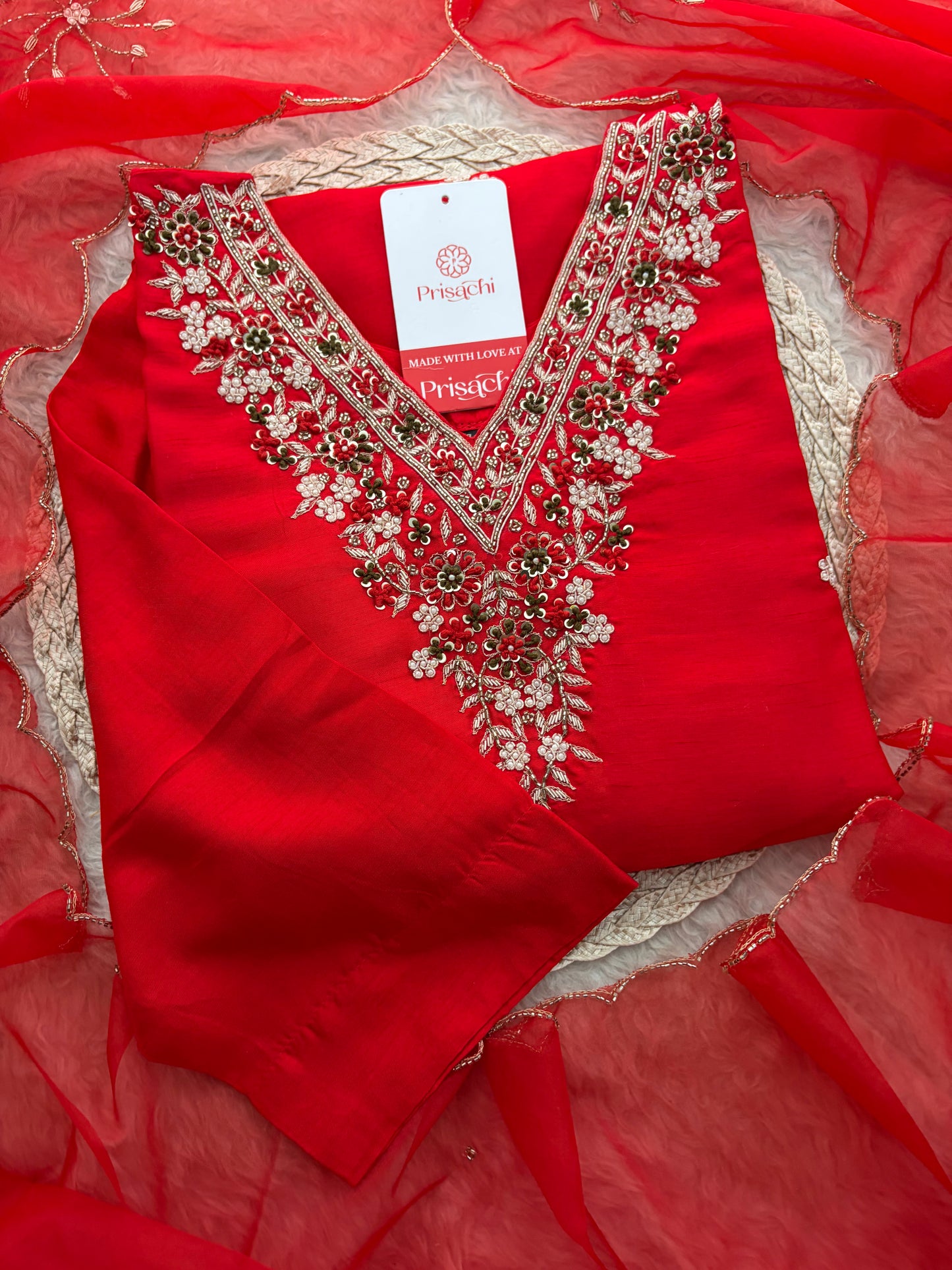 Prisachi Red Zardozi Embroidered Kurta Set Straight Pants with Scalloped Dupatta for Women