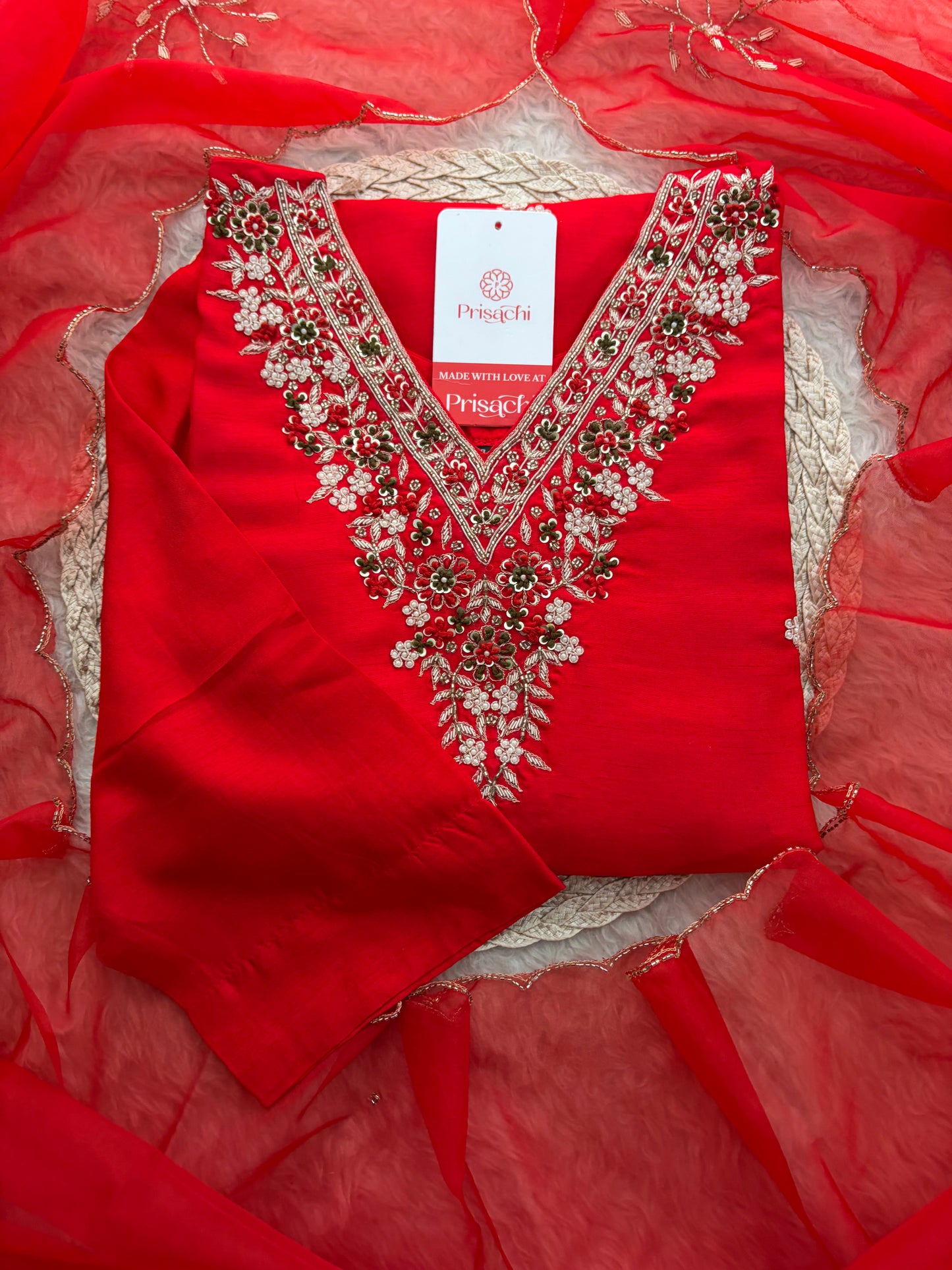 Prisachi Red Zardozi Embroidered Kurta Set Straight Pants with Scalloped Dupatta for Women