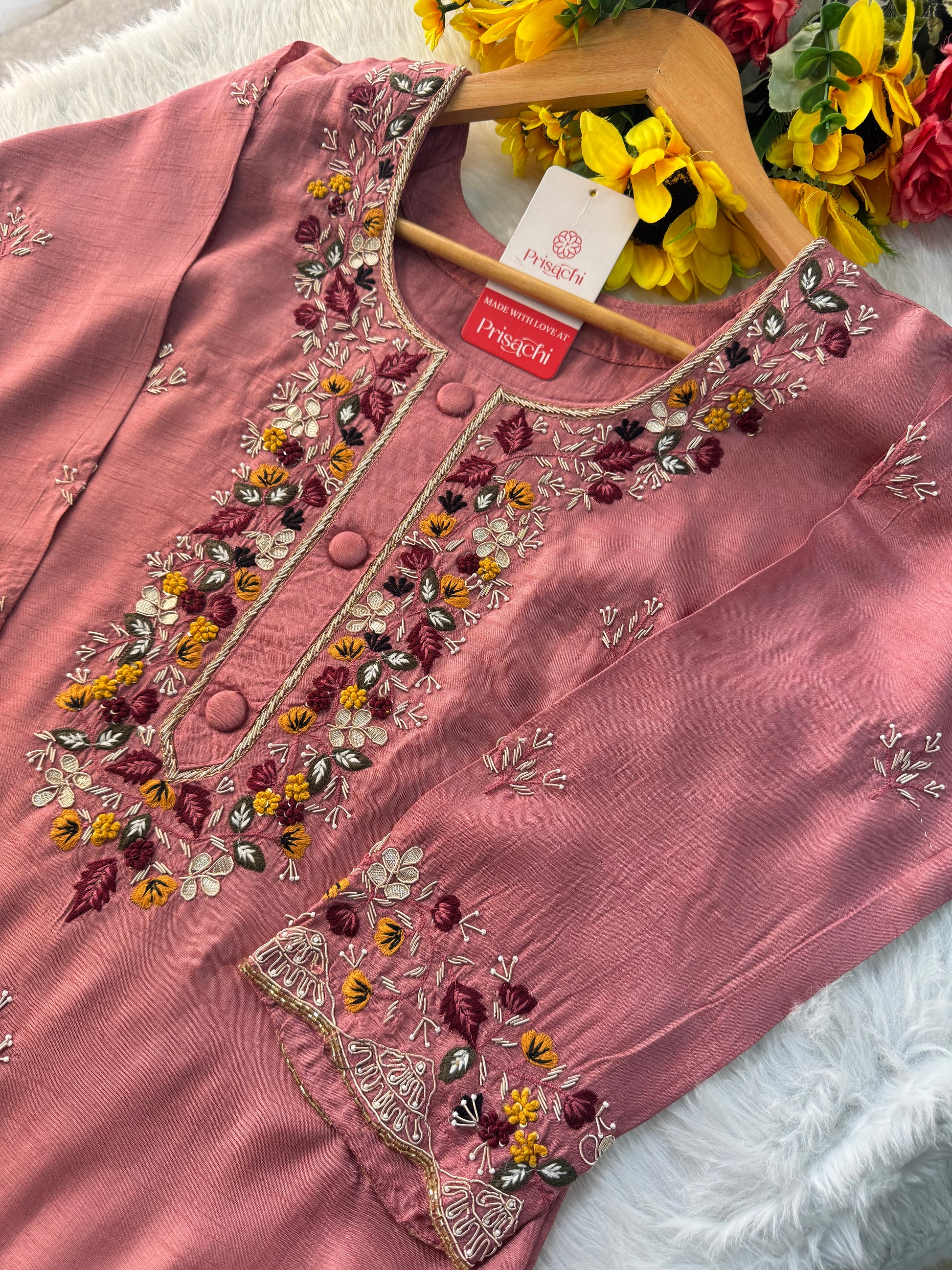 Onion Pink Hand-Embroidered Designer Kurta Set with Pant & Dupatta - Prisachi Official