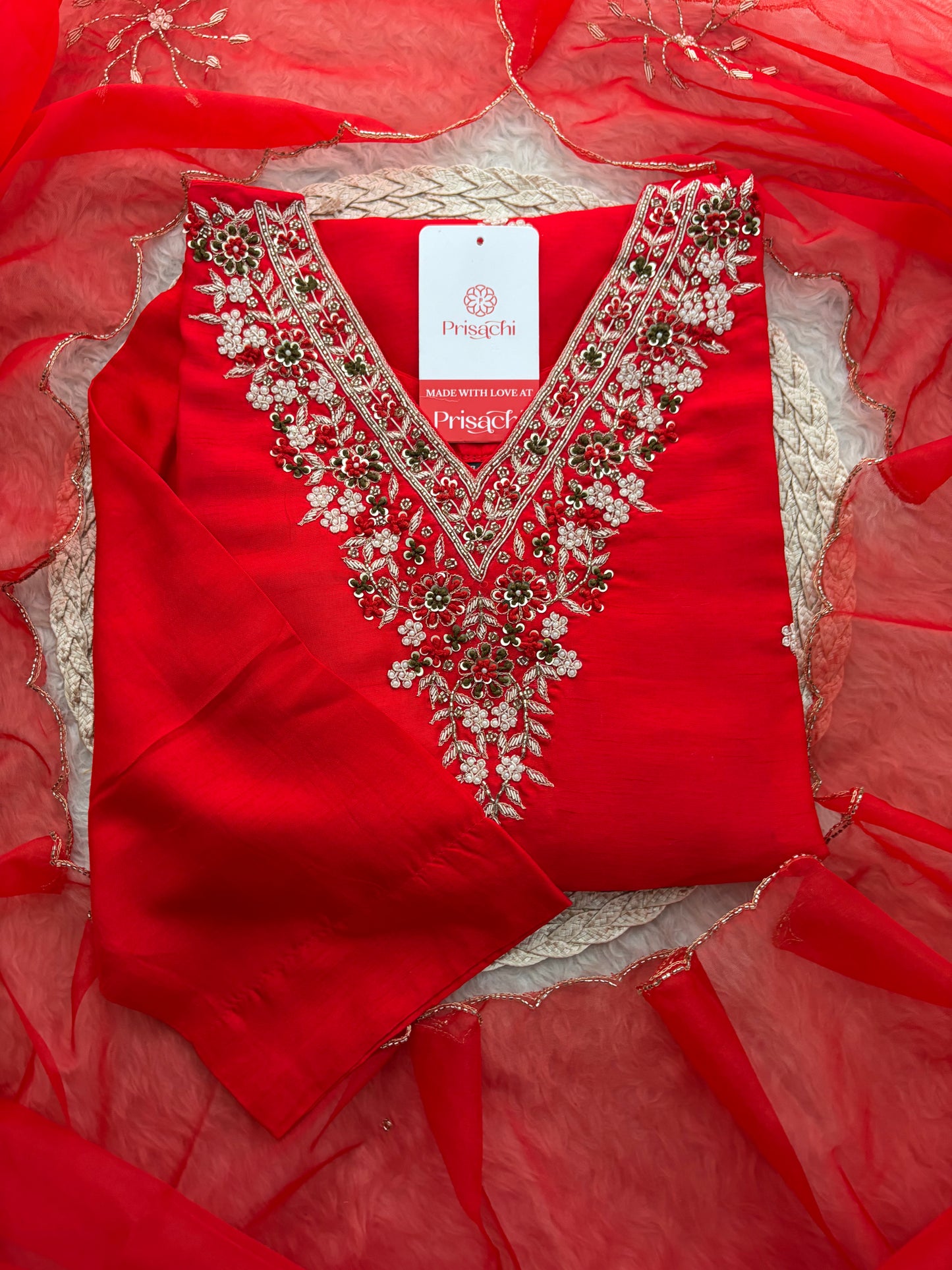 Prisachi Red Zardozi Embroidered Kurta Set Straight Pants with Scalloped Dupatta for Women