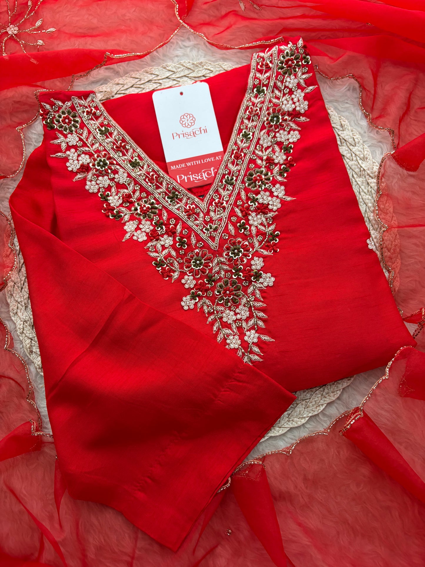 Prisachi Red Zardozi Embroidered Kurta Set Straight Pants with Scalloped Dupatta for Women