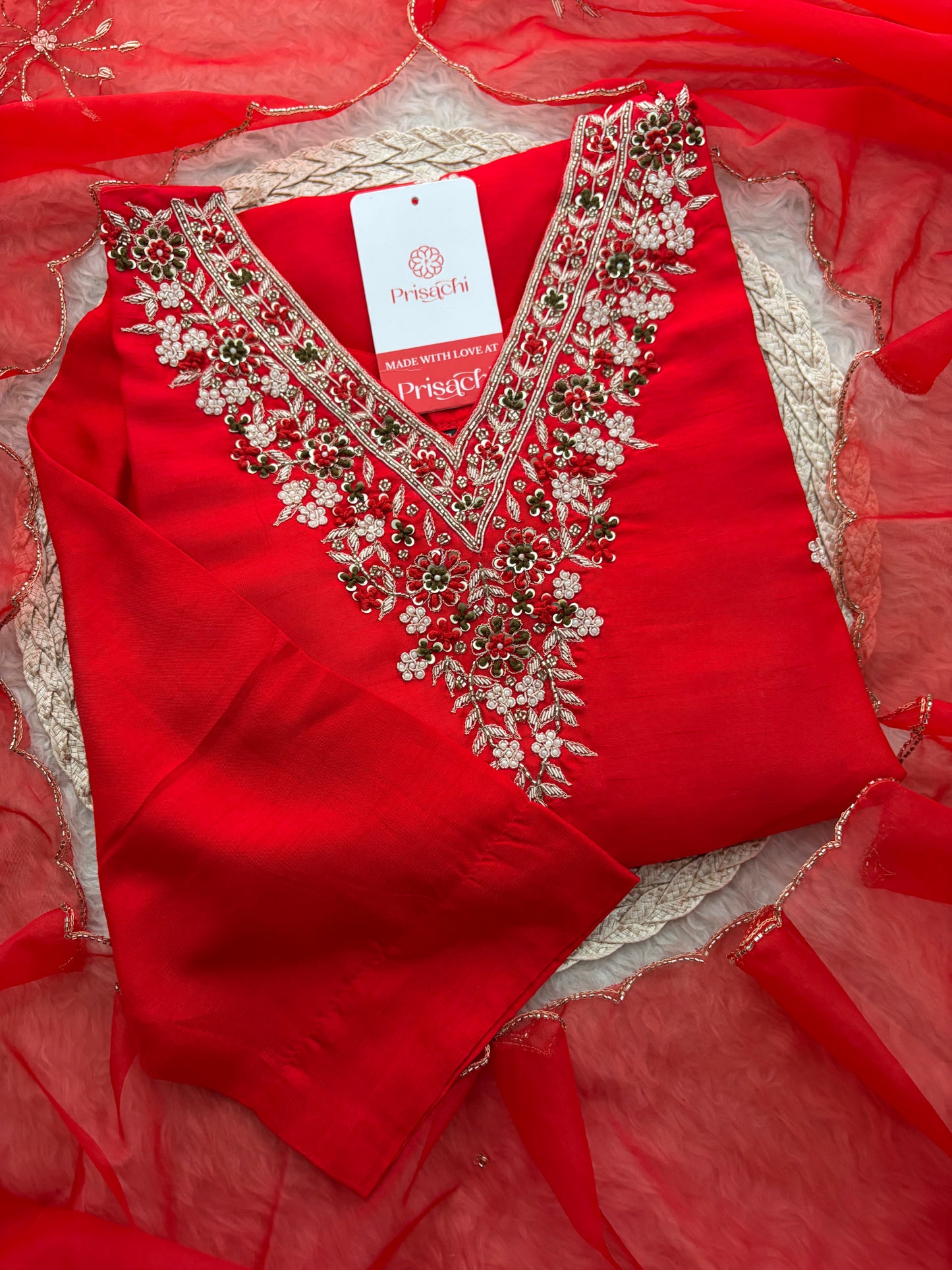 Prisachi Red Zardozi Embroidered Kurta Set Straight Pants with Scalloped Dupatta for Women