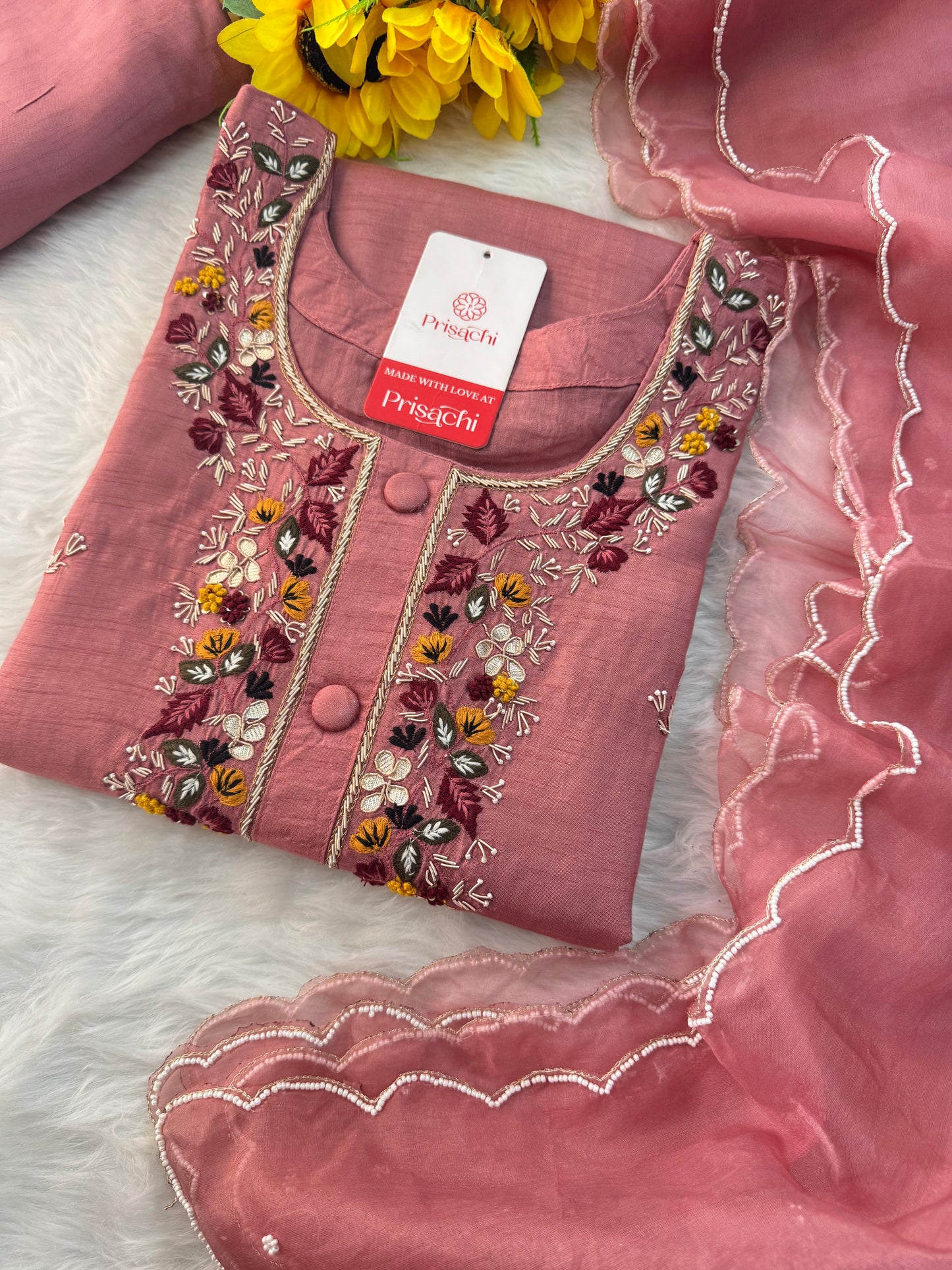 Onion Pink Hand-Embroidered Designer Kurta Set with Pant & Dupatta - Prisachi Official