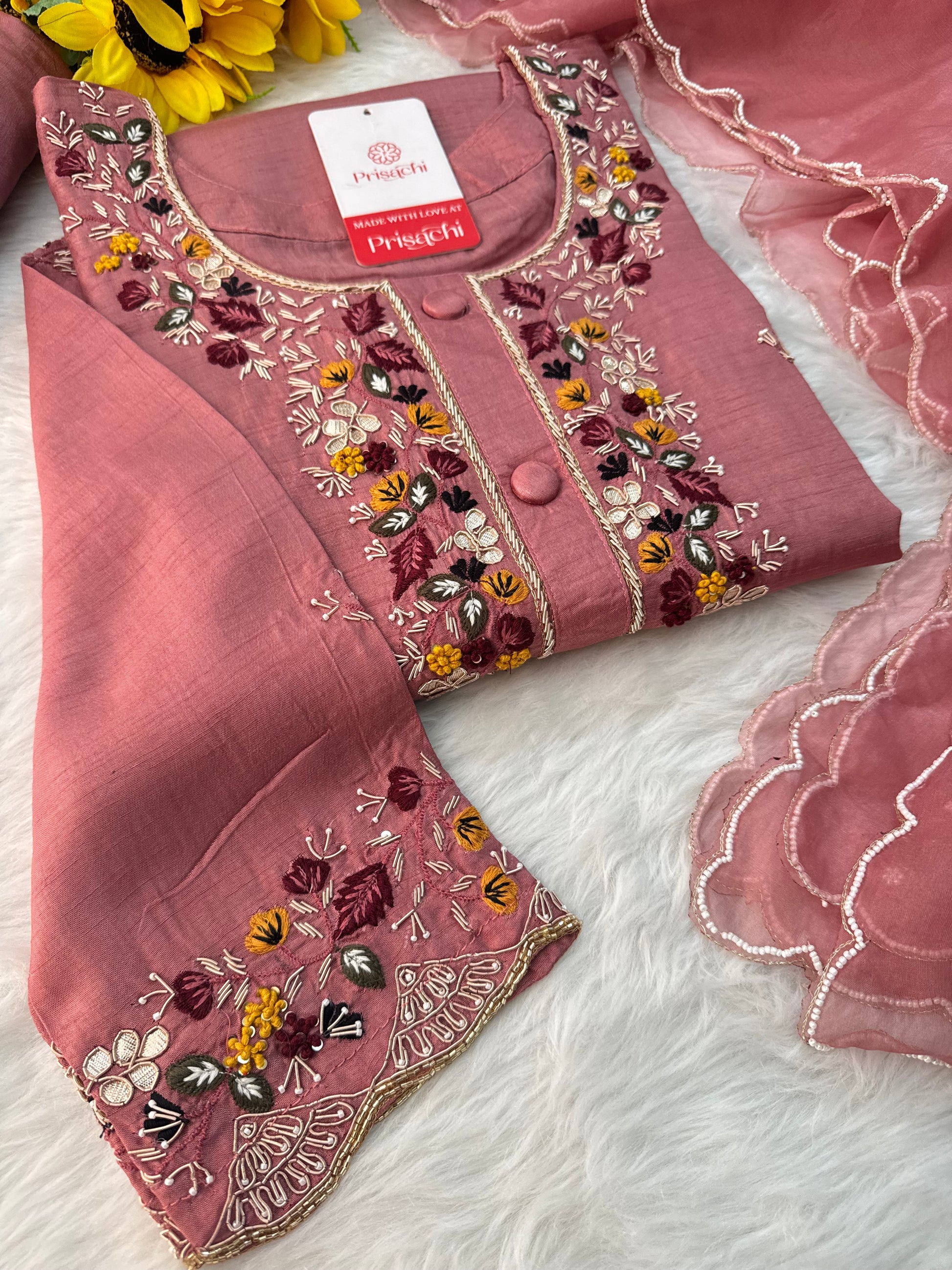 Onion Pink Hand-Embroidered Designer Kurta Set with Pant & Dupatta - Prisachi Official