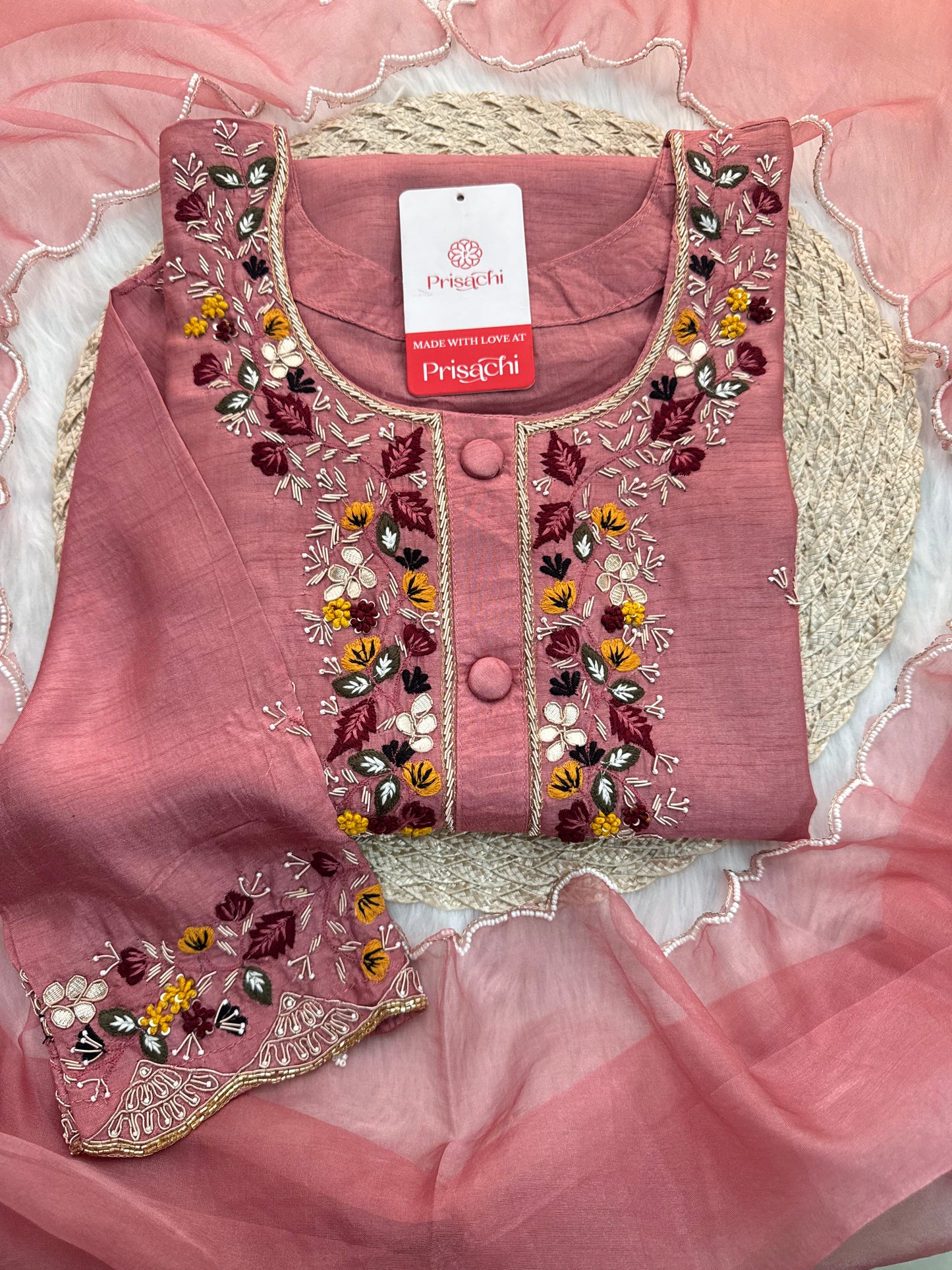 Onion Pink Hand-Embroidered Designer Kurta Set with Pant & Dupatta - Prisachi Official