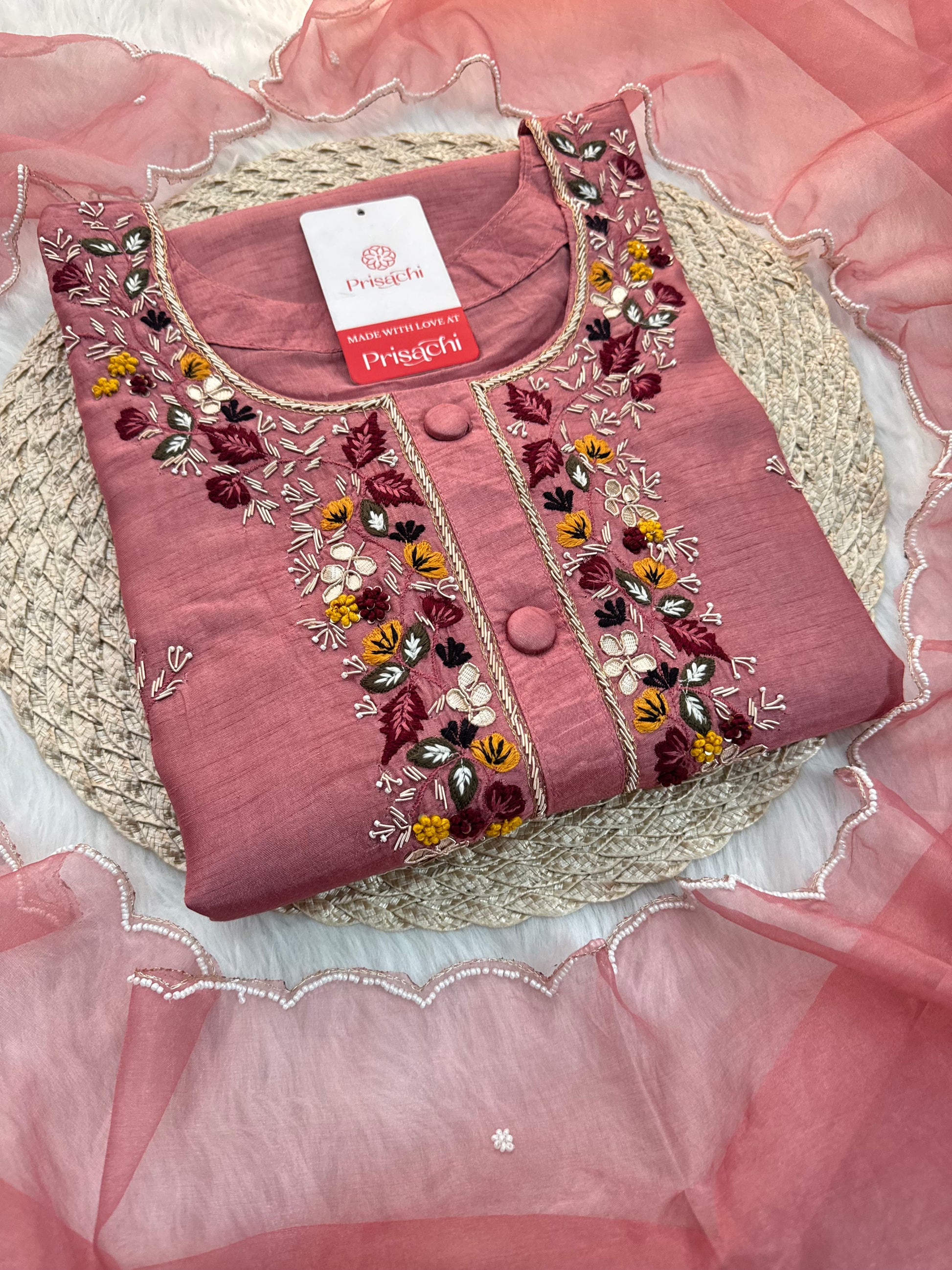 Onion Pink Hand-Embroidered Designer Kurta Set with Pant & Dupatta - Prisachi Official