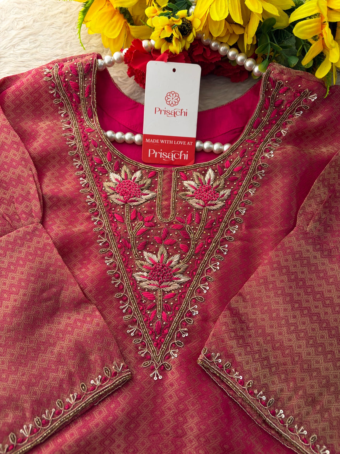 Magenta Pink Yoke Embroidered A-line Kurta Pant Set with a Dupatta for Women .