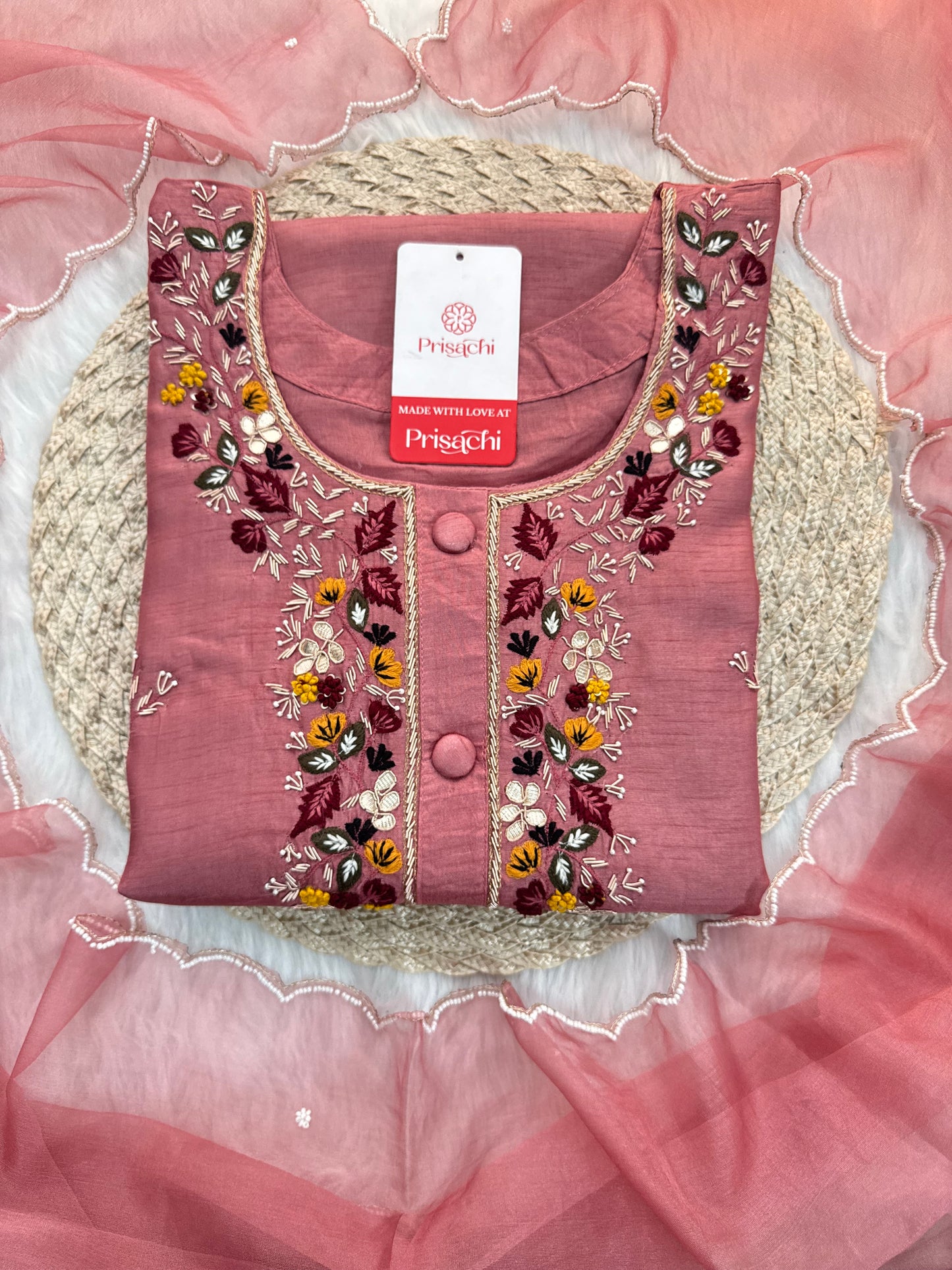 Onion Pink Hand-Embroidered Designer Kurta Set with Pant & Dupatta - Prisachi Official