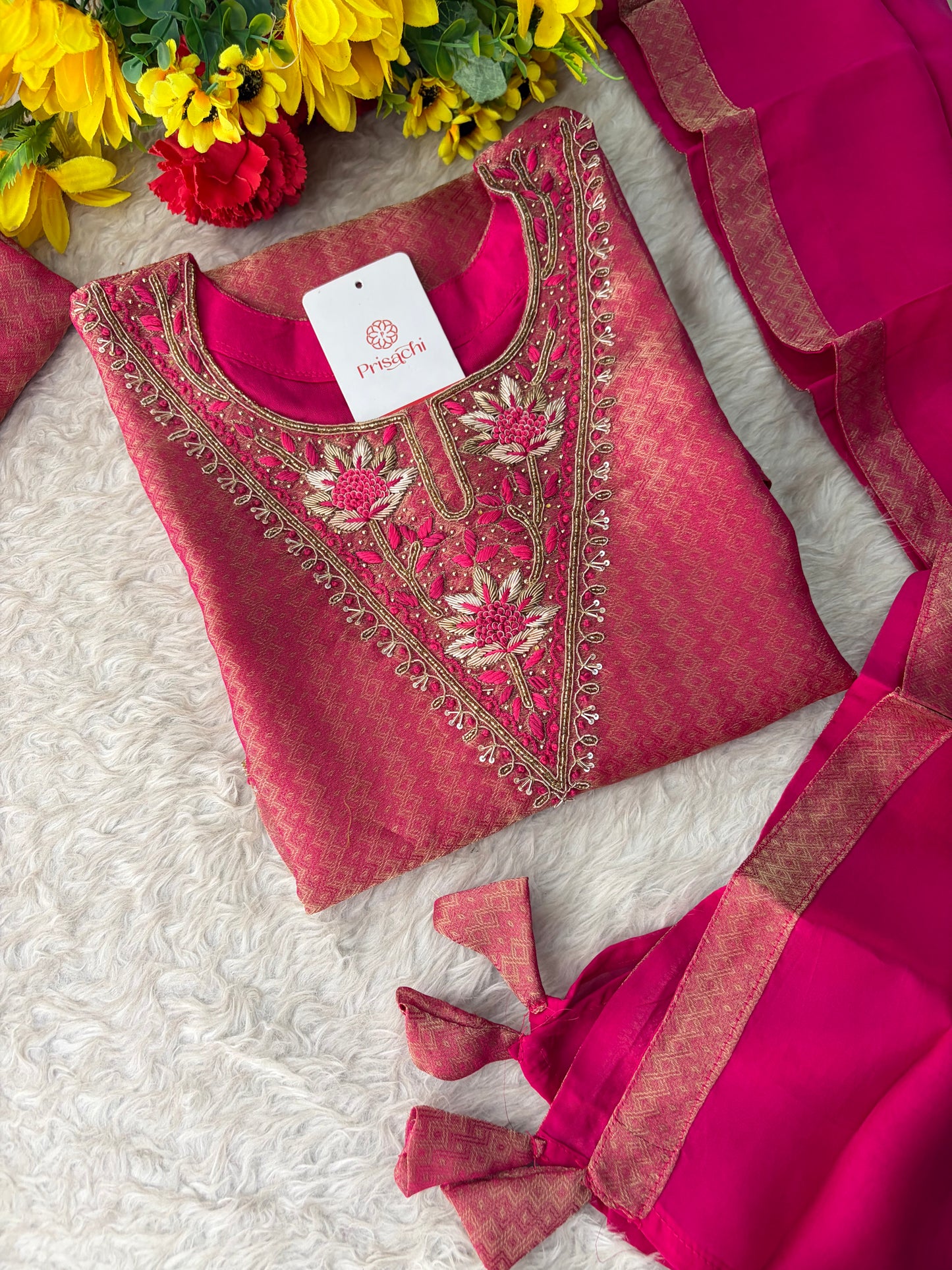 Magenta Pink Yoke Embroidered A-line Kurta Pant Set with a Dupatta for Women .