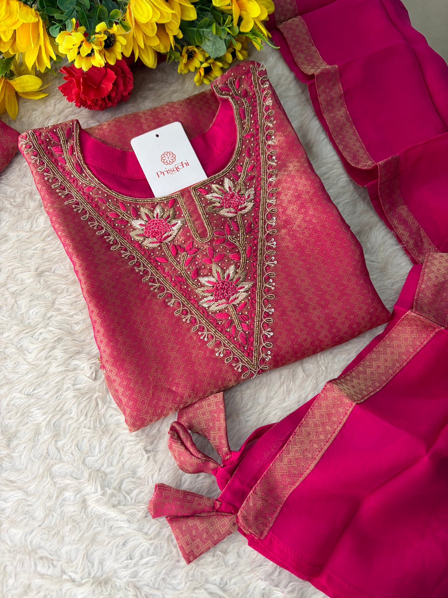 Magenta Pink Yoke Embroidered A-line Kurta Pant Set with a Dupatta for Women .