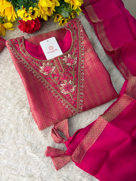 Magenta Pink Yoke Embroidered A-line Kurta Pant Set with a Dupatta for Women .