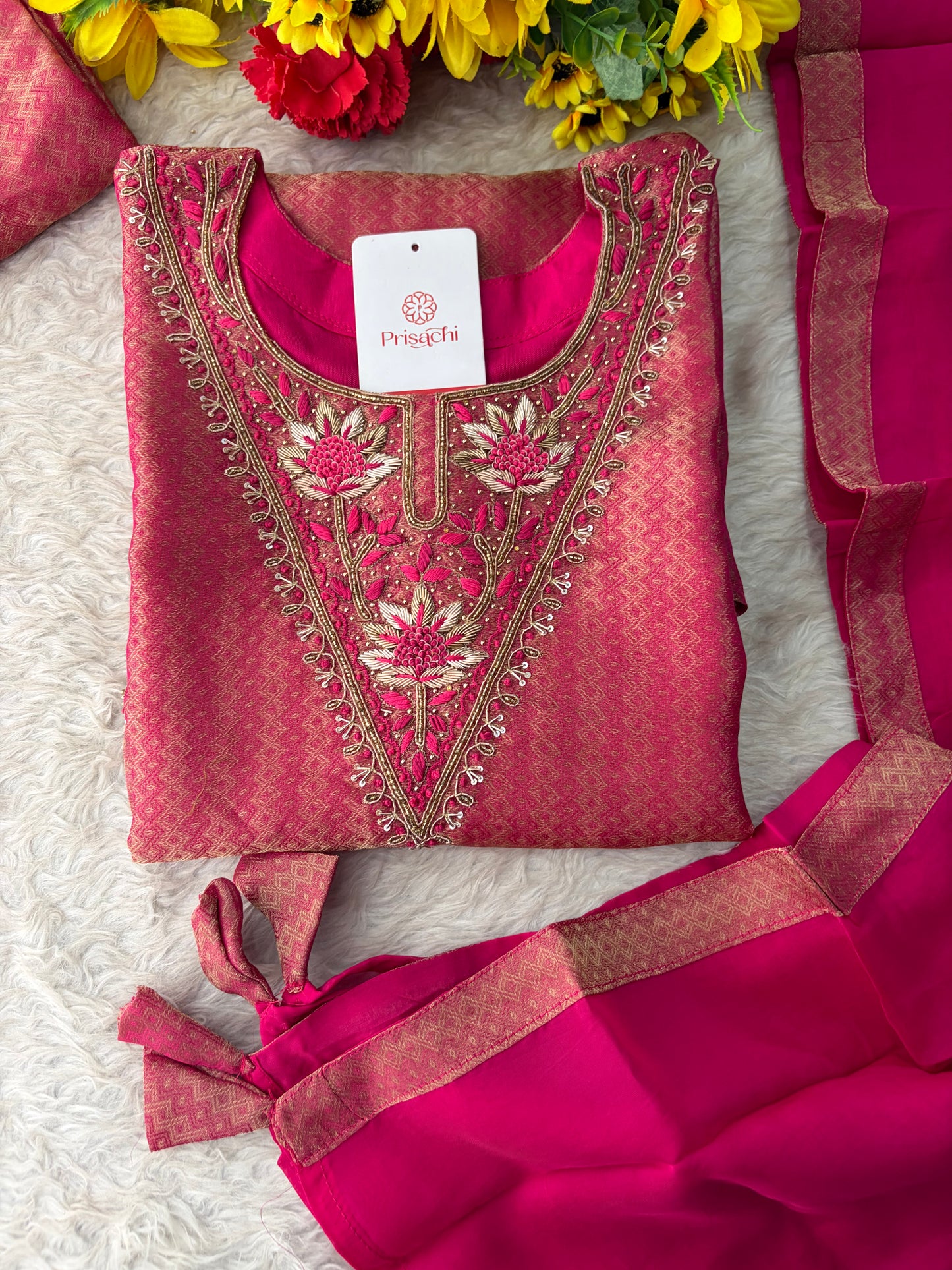 Magenta Pink Yoke Embroidered A-line Kurta Pant Set with a Dupatta for Women .