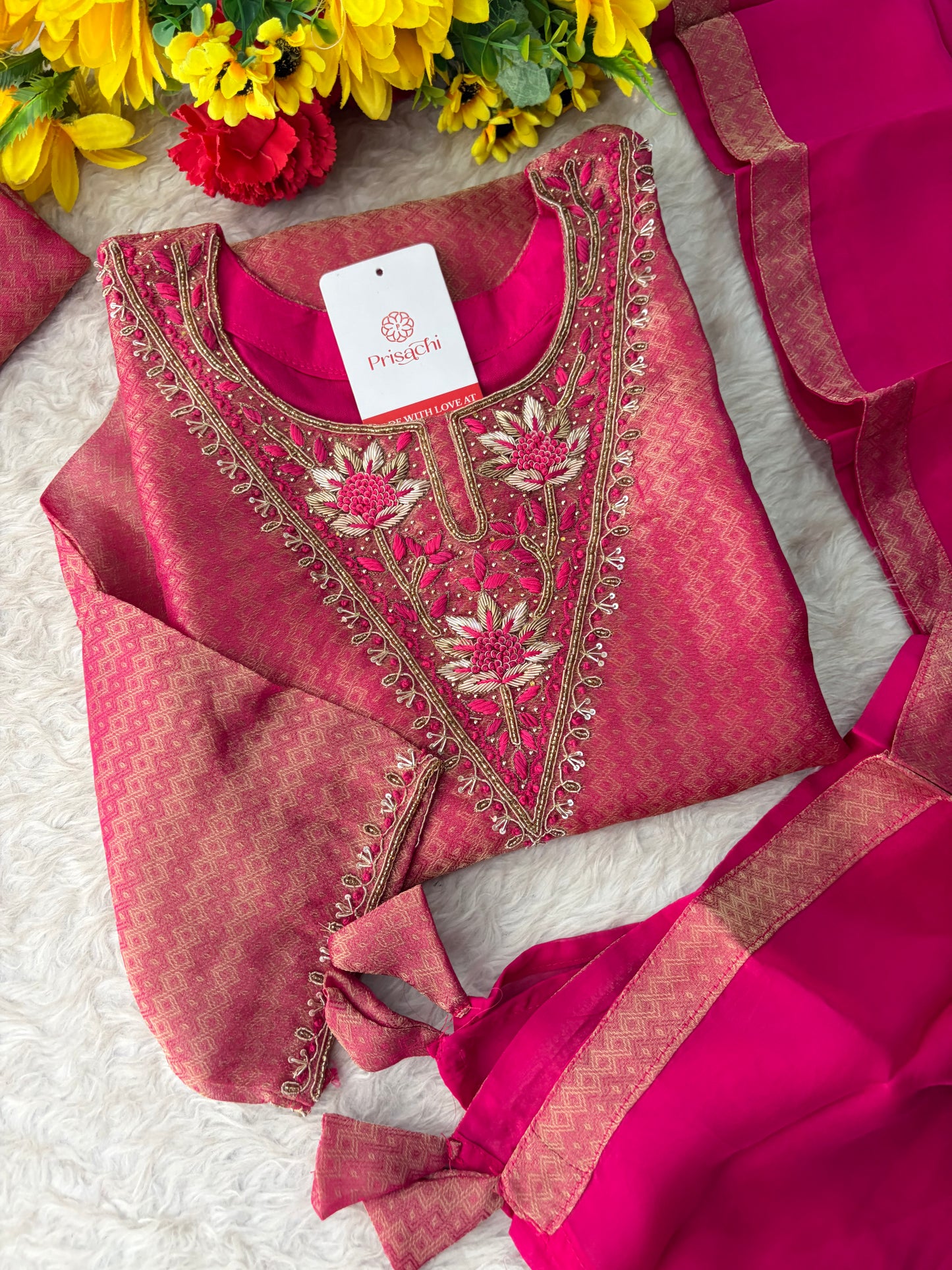 Magenta Pink Yoke Embroidered A-line Kurta Pant Set with a Dupatta for Women .
