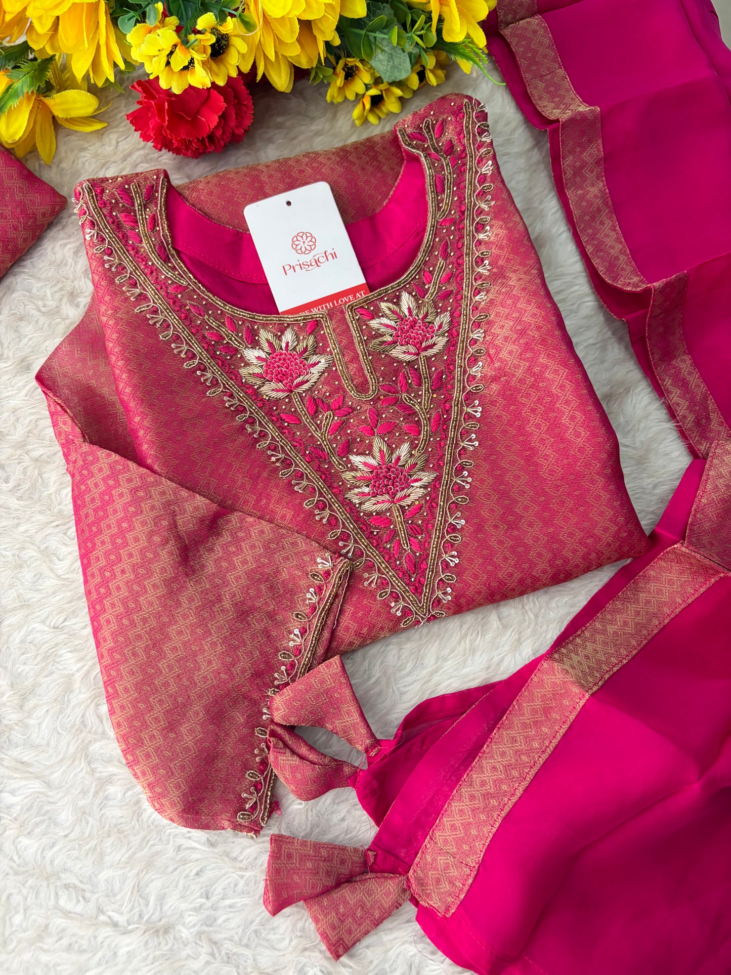 Magenta Pink Yoke Embroidered A-line Kurta Pant Set with a Dupatta for Women .