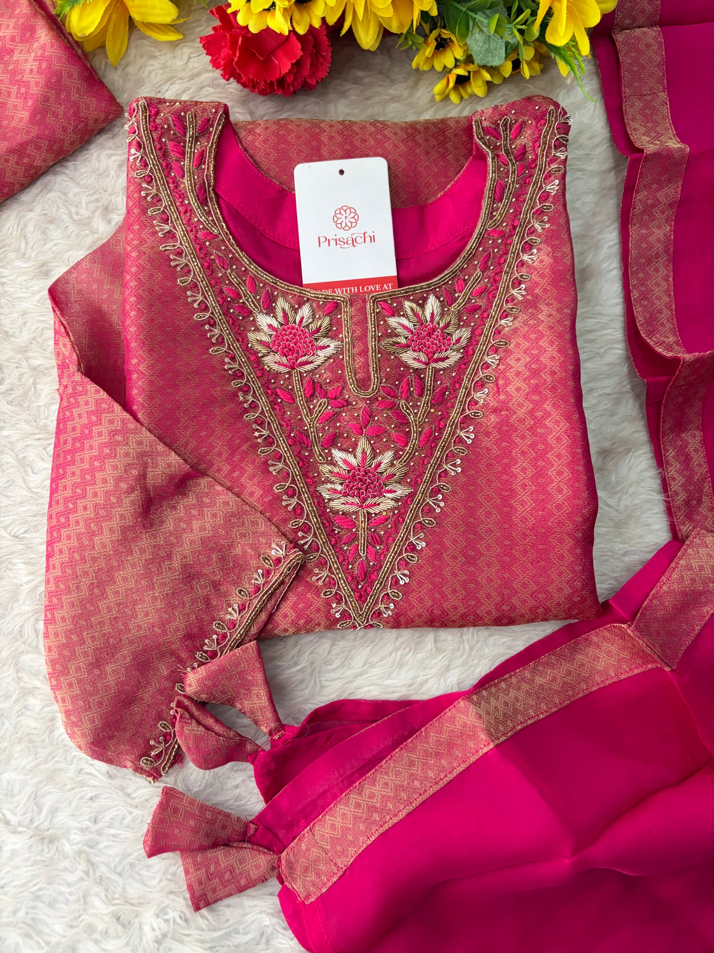 Magenta Pink Yoke Embroidered A-line Kurta Pant Set with a Dupatta for Women .