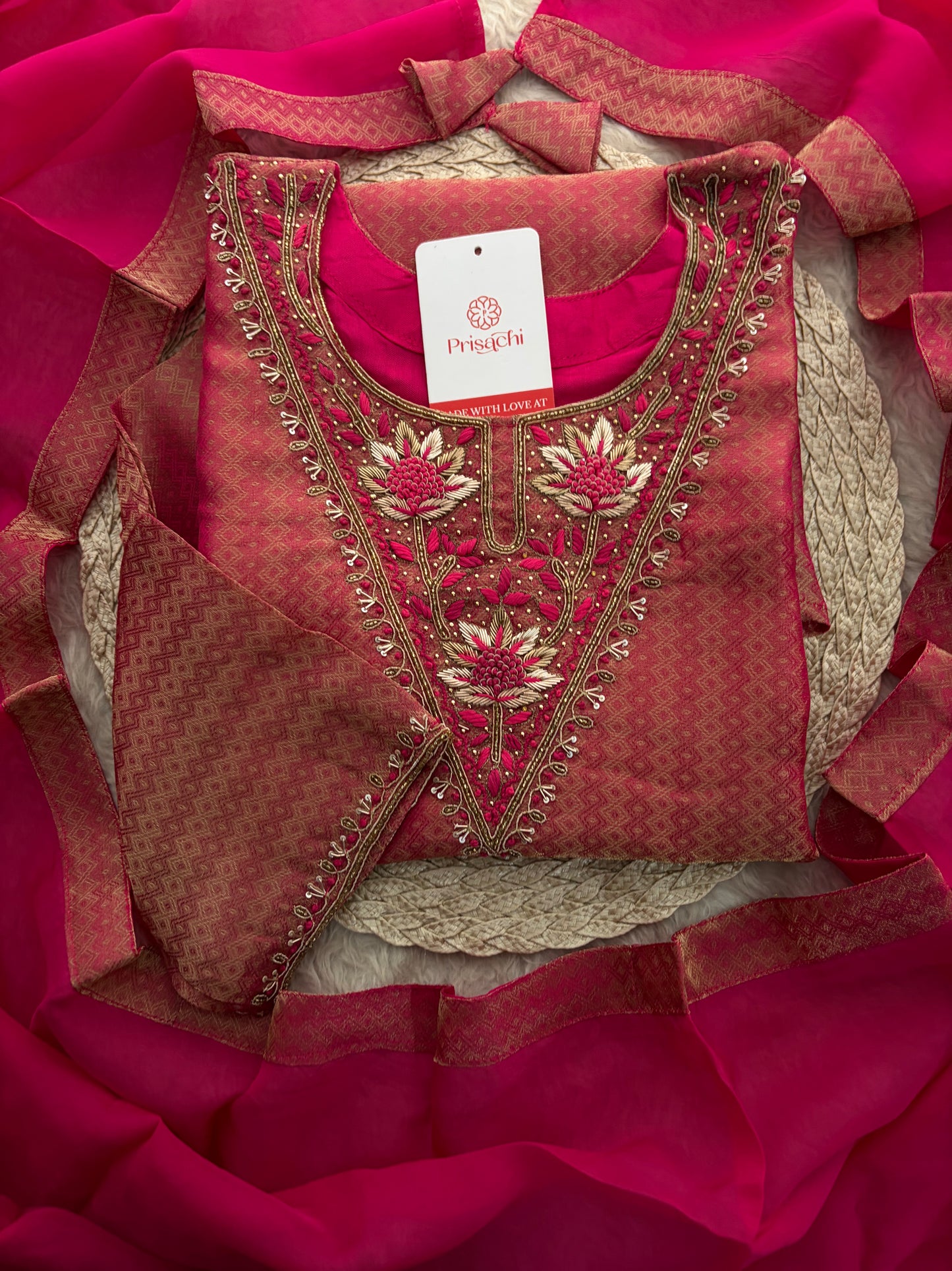 Magenta Pink Yoke Embroidered A-line Kurta Pant Set with a Dupatta for Women .