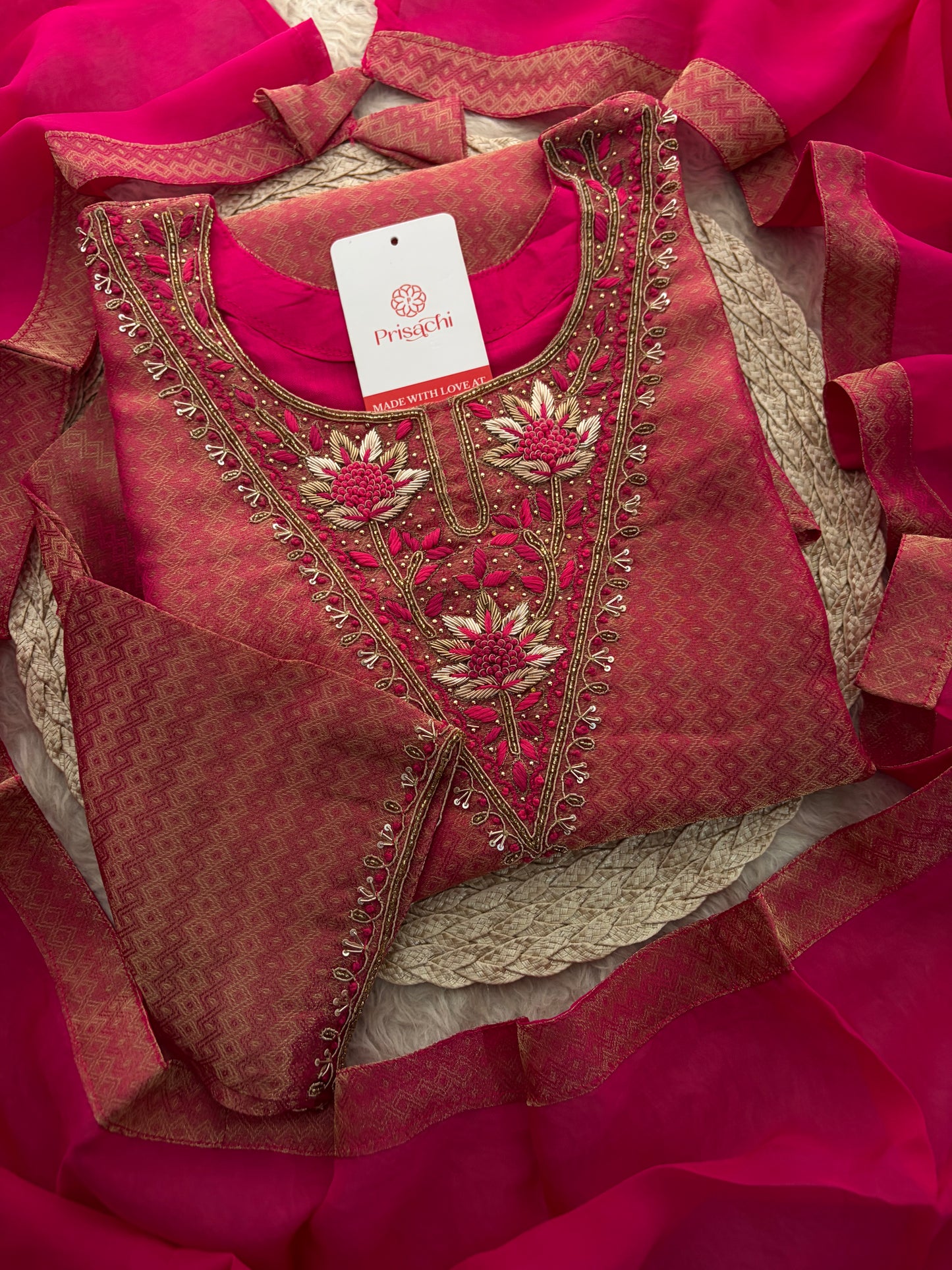 Magenta Pink Yoke Embroidered A-line Kurta Pant Set with a Dupatta for Women .