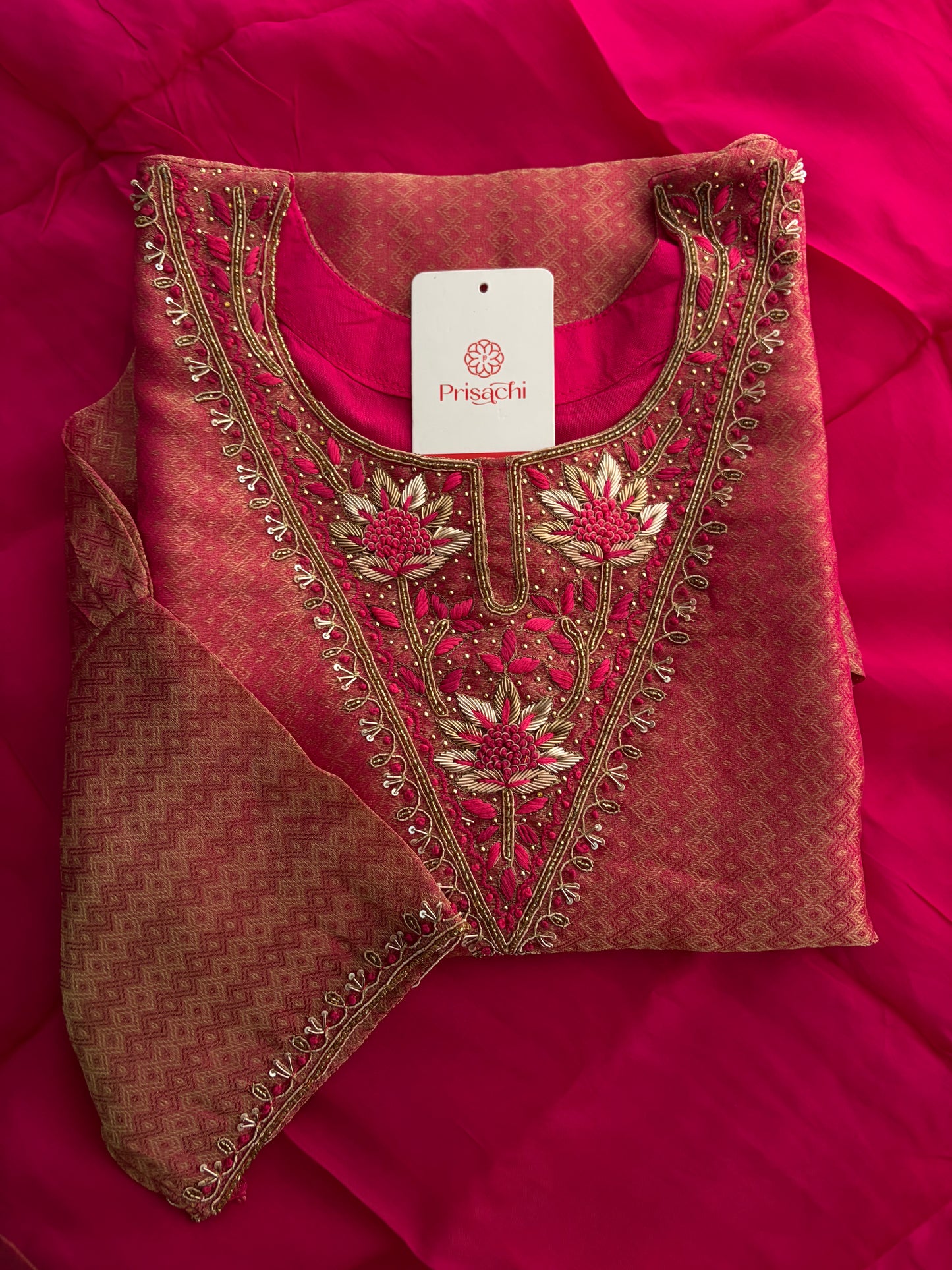 Magenta Pink Yoke Embroidered A-line Kurta Pant Set with a Dupatta for Women .