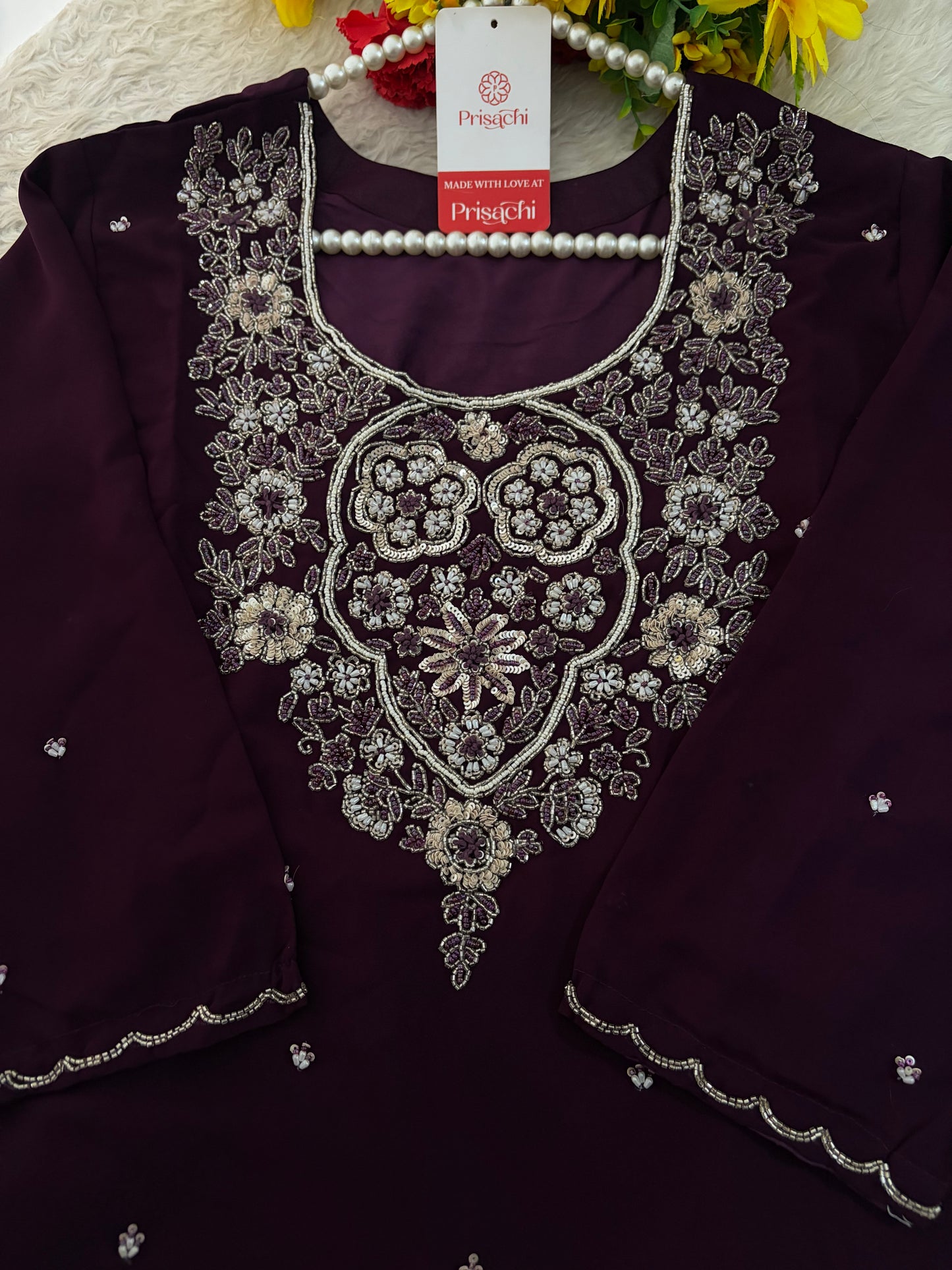 Wine Embroidered Zardozi Kurta Set with Sharara & Dupatta Ethnic Set