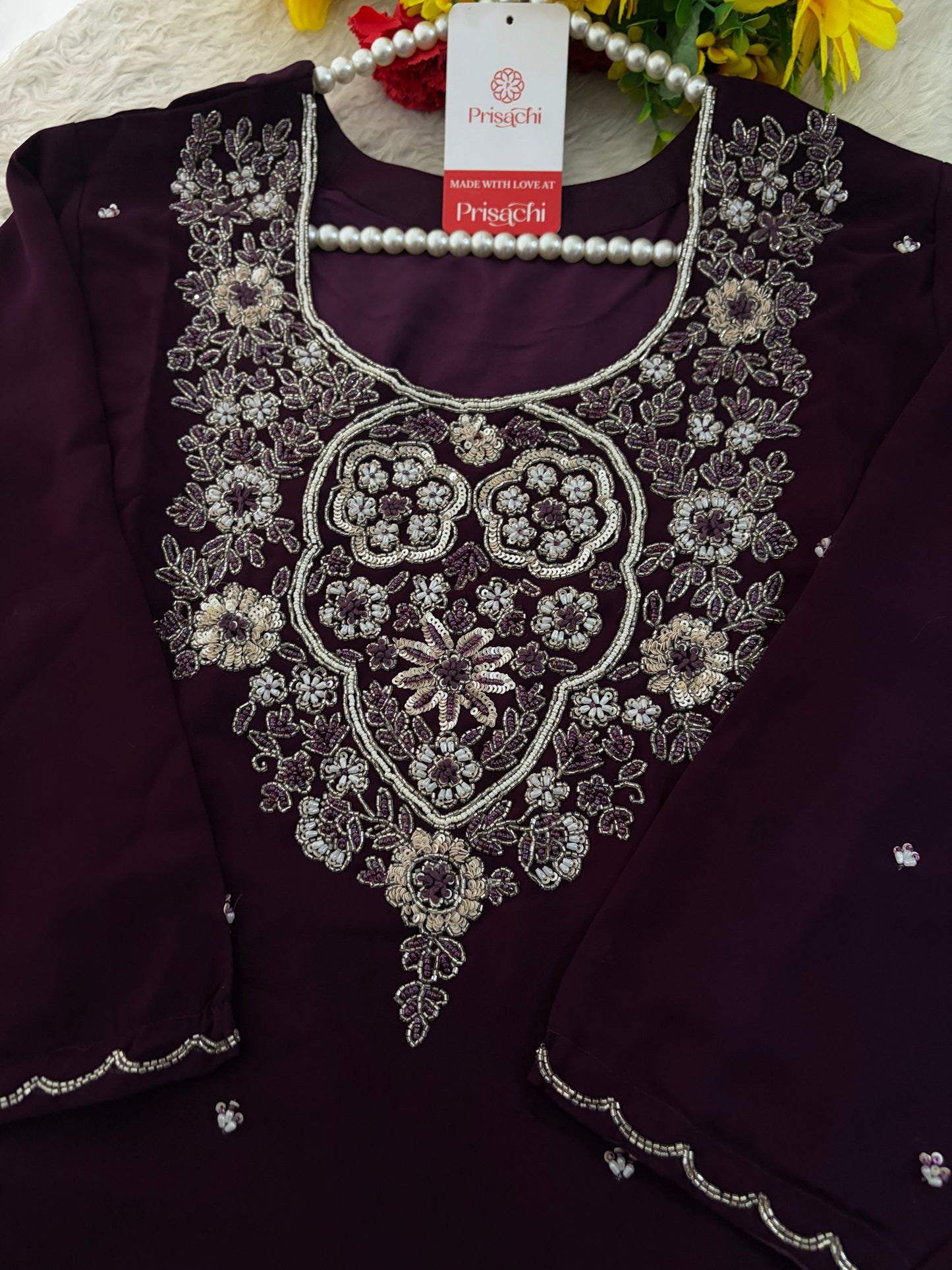 Wine Embroidered Zardozi Kurta Set with Sharara & Dupatta Ethnic Set