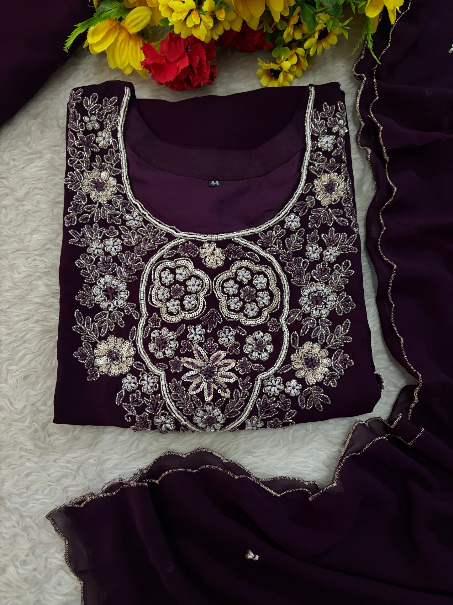Wine Embroidered Zardozi Kurta Set with Sharara & Dupatta Ethnic Set