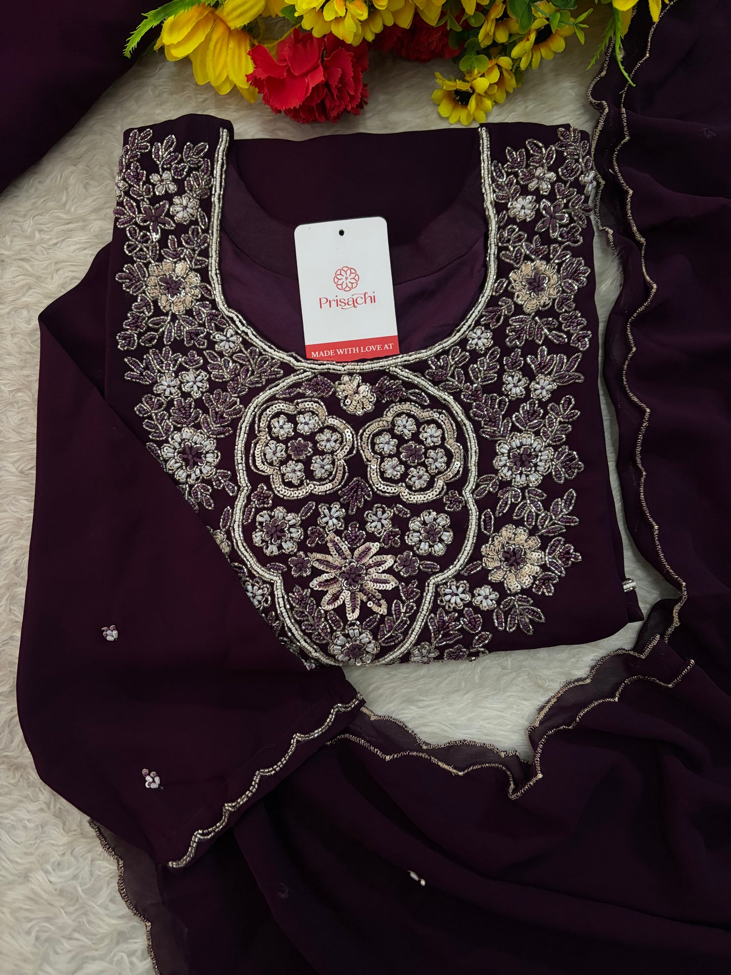 Wine Embroidered Zardozi Kurta Set with Sharara & Dupatta Ethnic Set