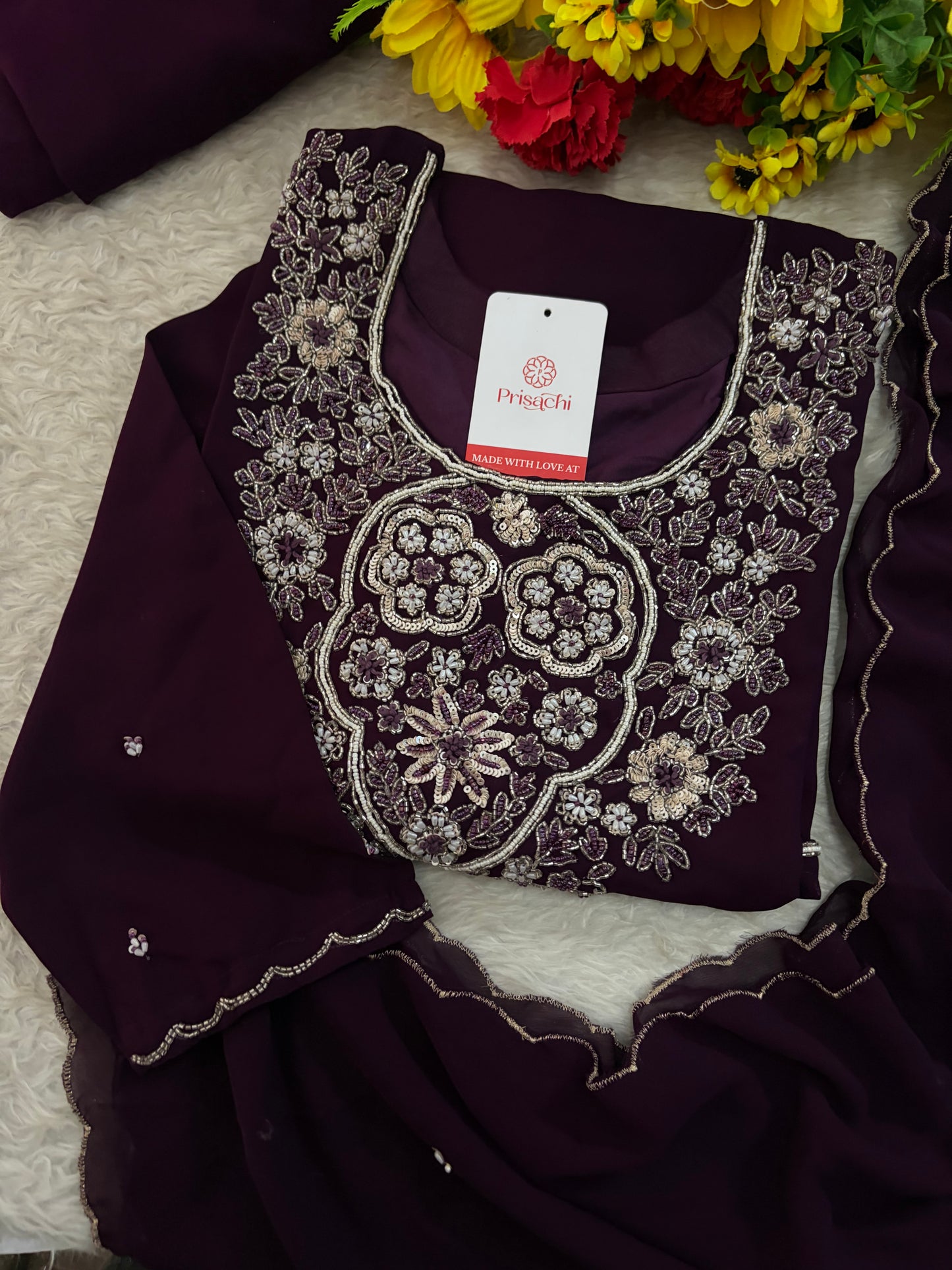 Wine Embroidered Zardozi Kurta Set with Sharara & Dupatta Ethnic Set
