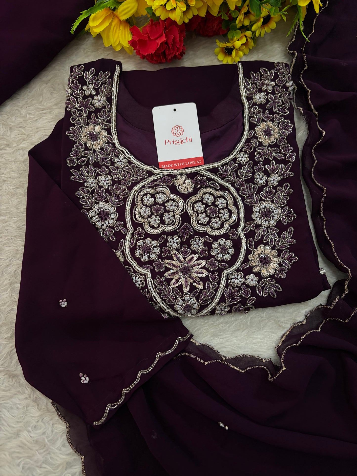 Wine Embroidered Zardozi Kurta Set with Sharara & Dupatta Ethnic Set