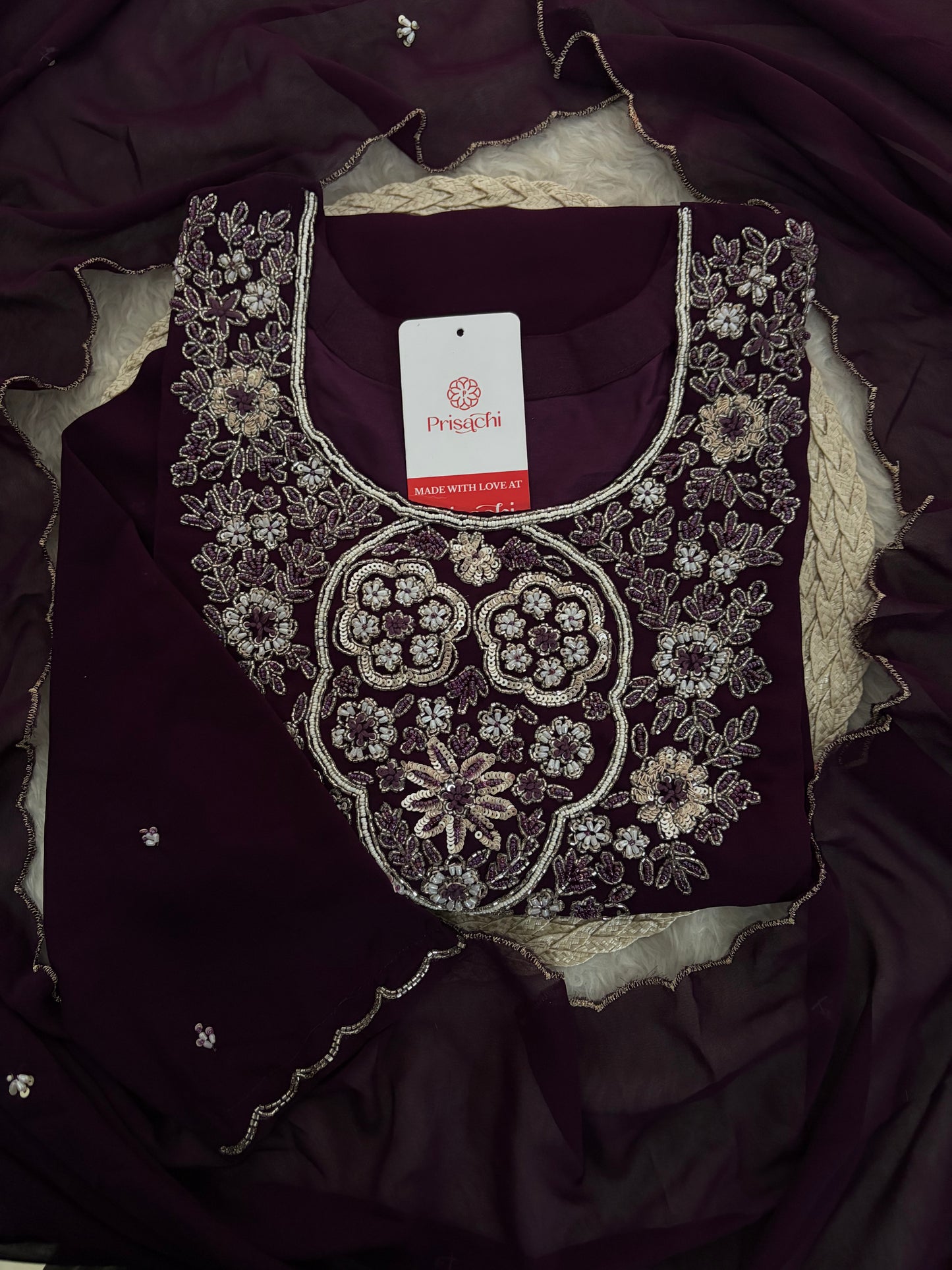 Wine Embroidered Zardozi Kurta Set with Sharara & Dupatta Ethnic Set