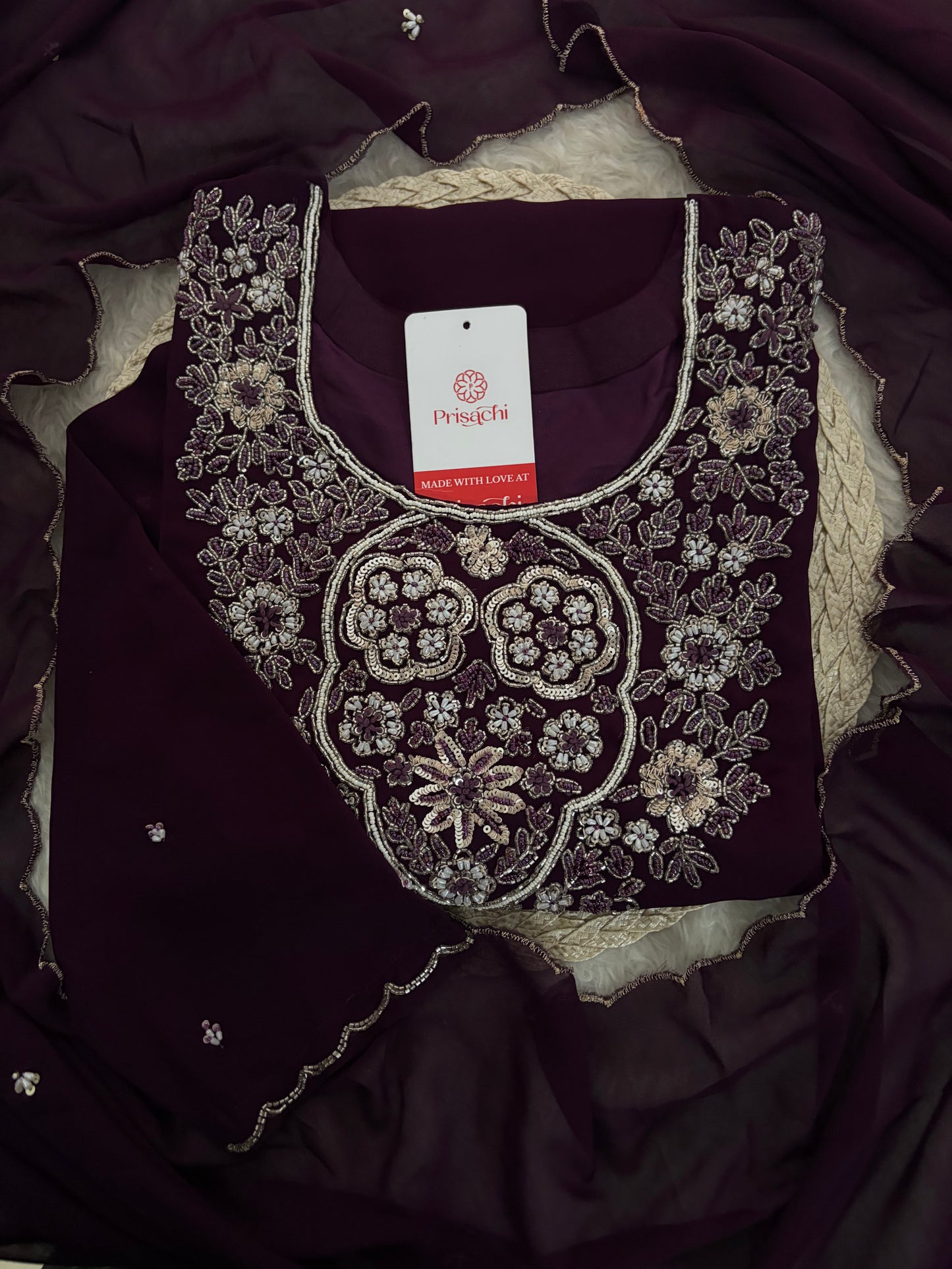 Wine Embroidered Zardozi Kurta Set with Sharara & Dupatta Ethnic Set