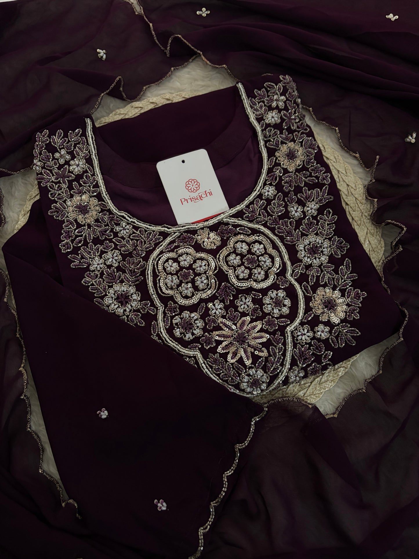 Wine Embroidered Zardozi Kurta Set with Sharara & Dupatta Ethnic Set