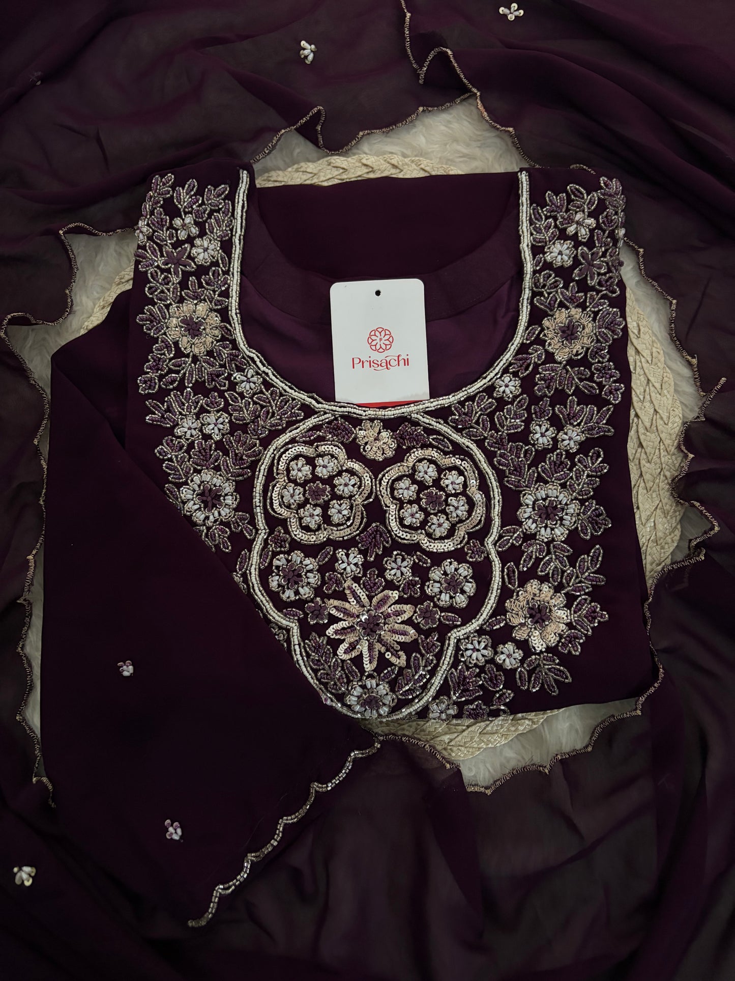 Wine Embroidered Zardozi Kurta Set with Sharara & Dupatta Ethnic Set