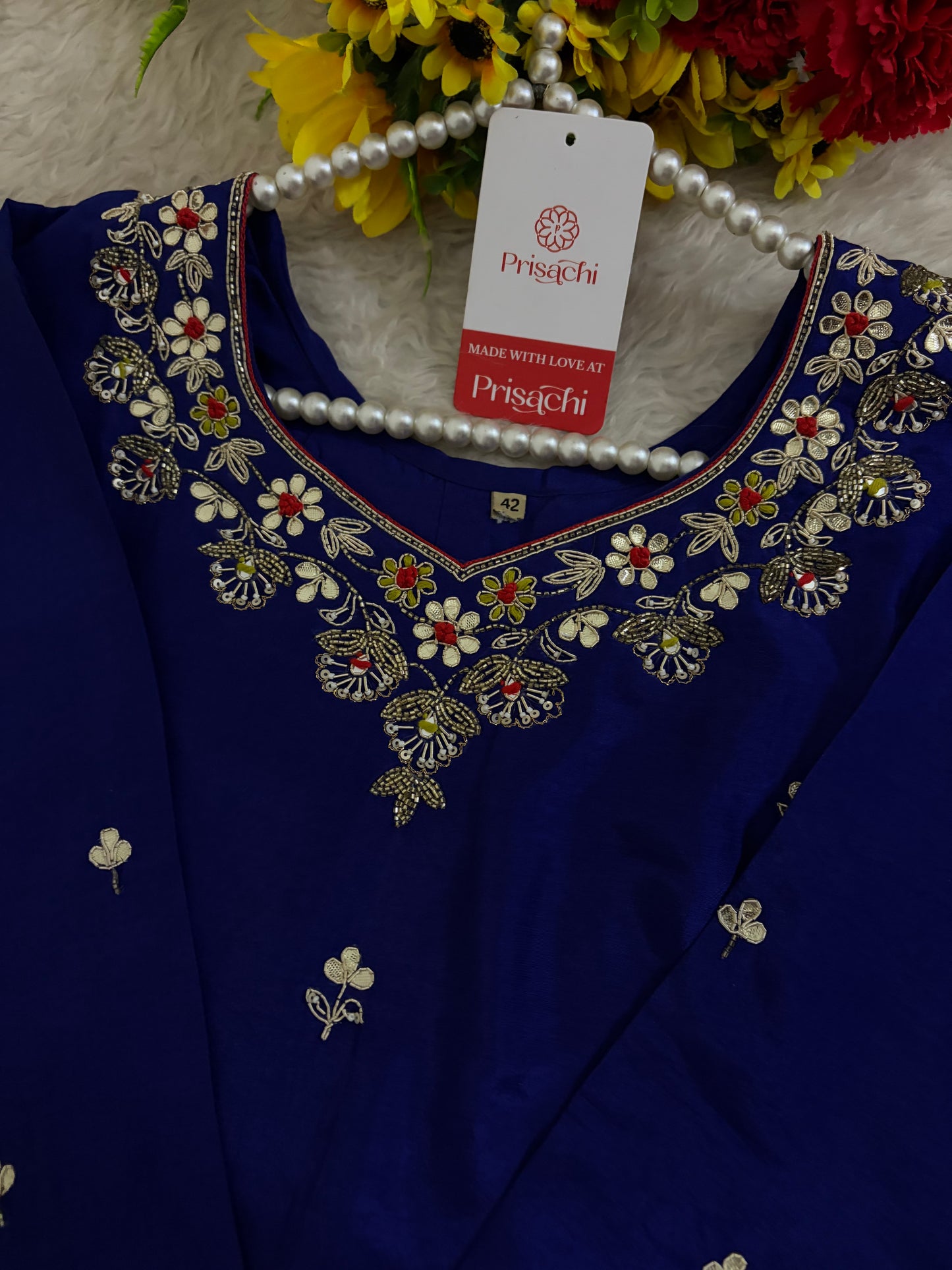 Royal Blue Embroidered Ethnic Kurta set with Pants and Dupatta For Women's