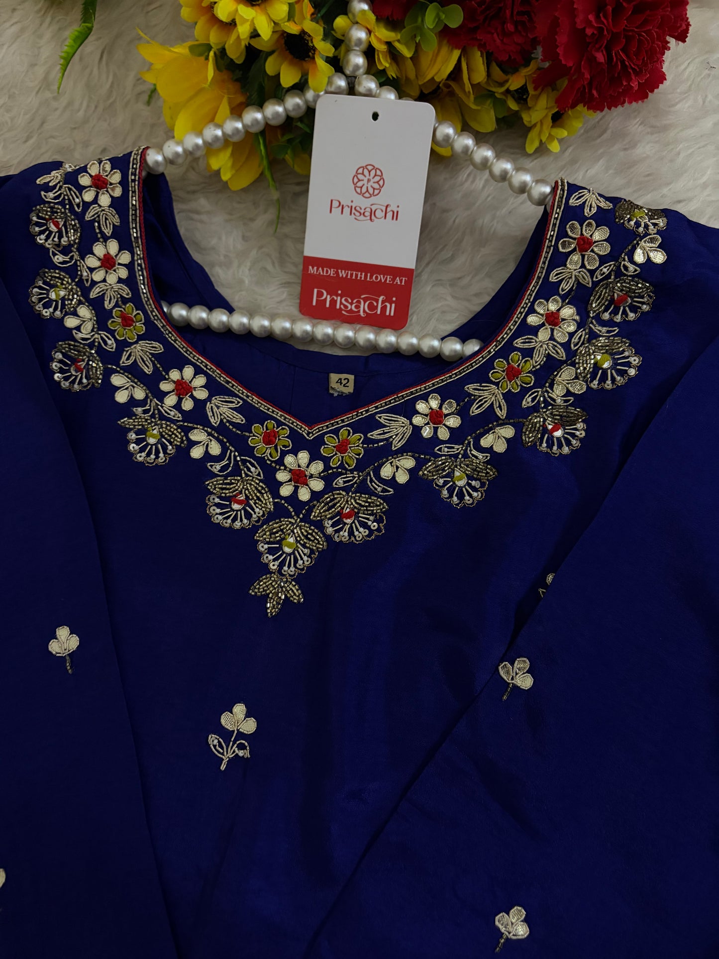 Royal Blue Embroidered Ethnic Kurta set with Pants and Dupatta For Women's