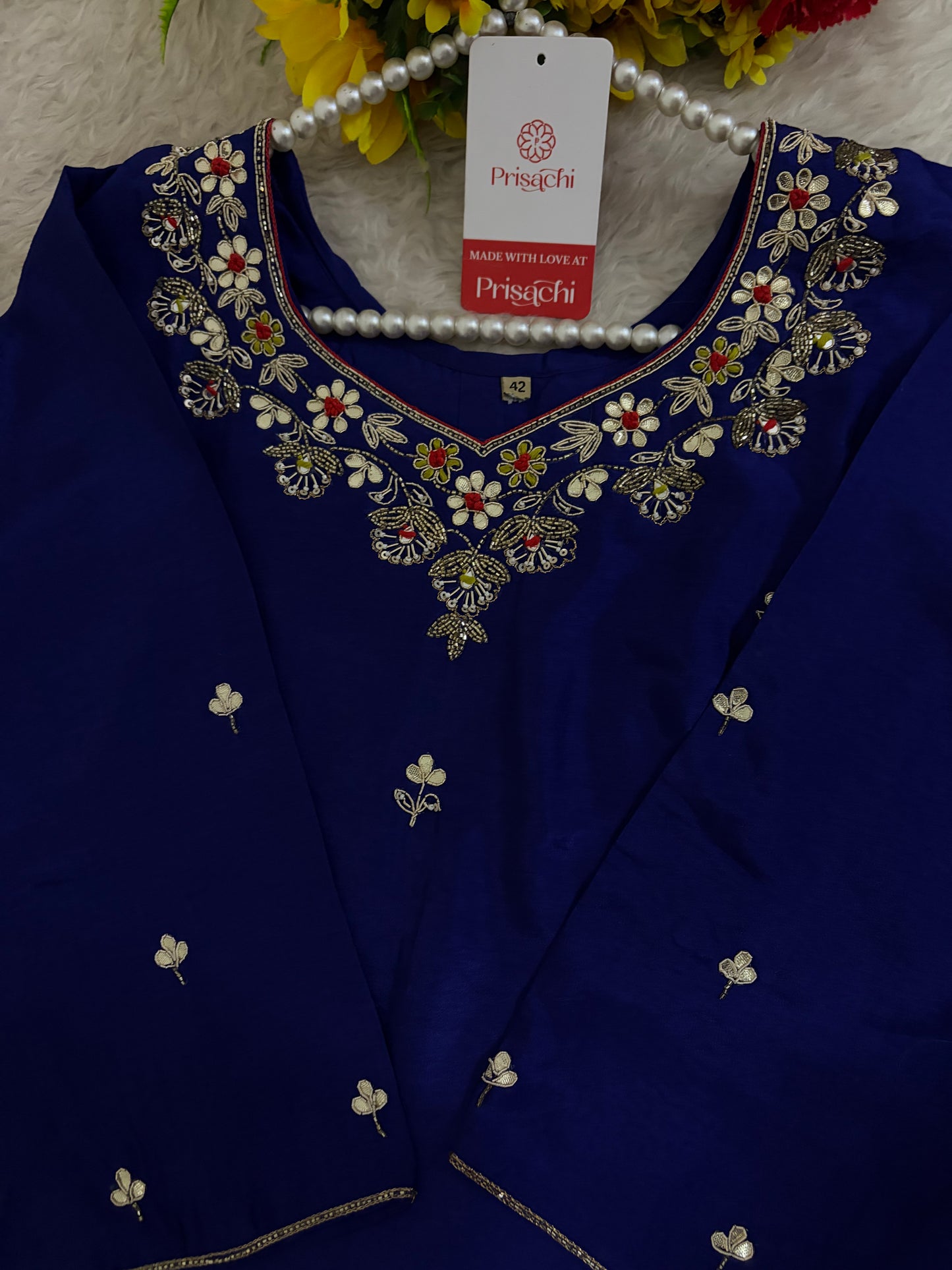 Royal Blue Embroidered Ethnic Kurta set with Pants and Dupatta For Women's