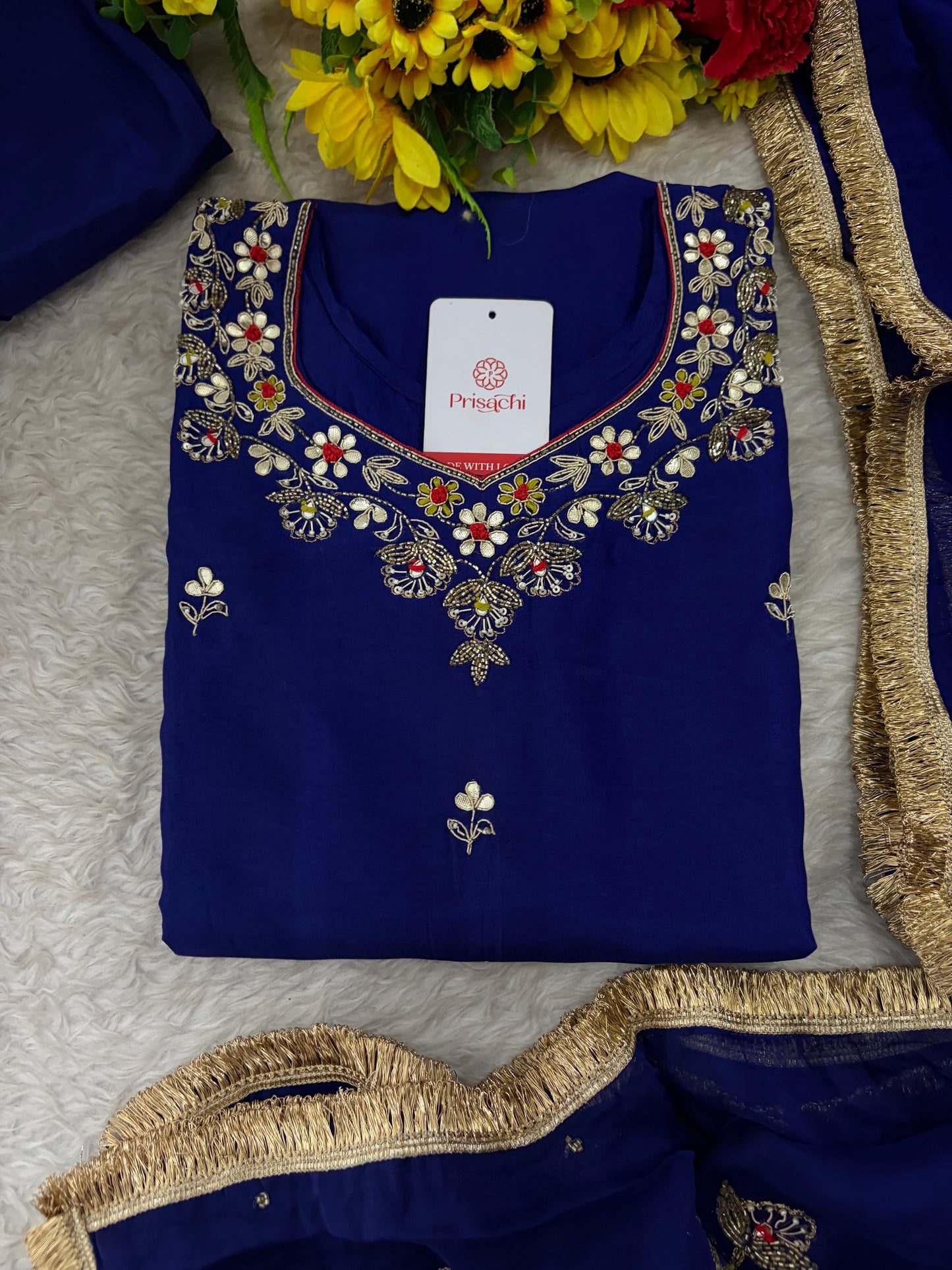 Royal Blue Embroidered Ethnic Kurta set with Pants and Dupatta For Women's