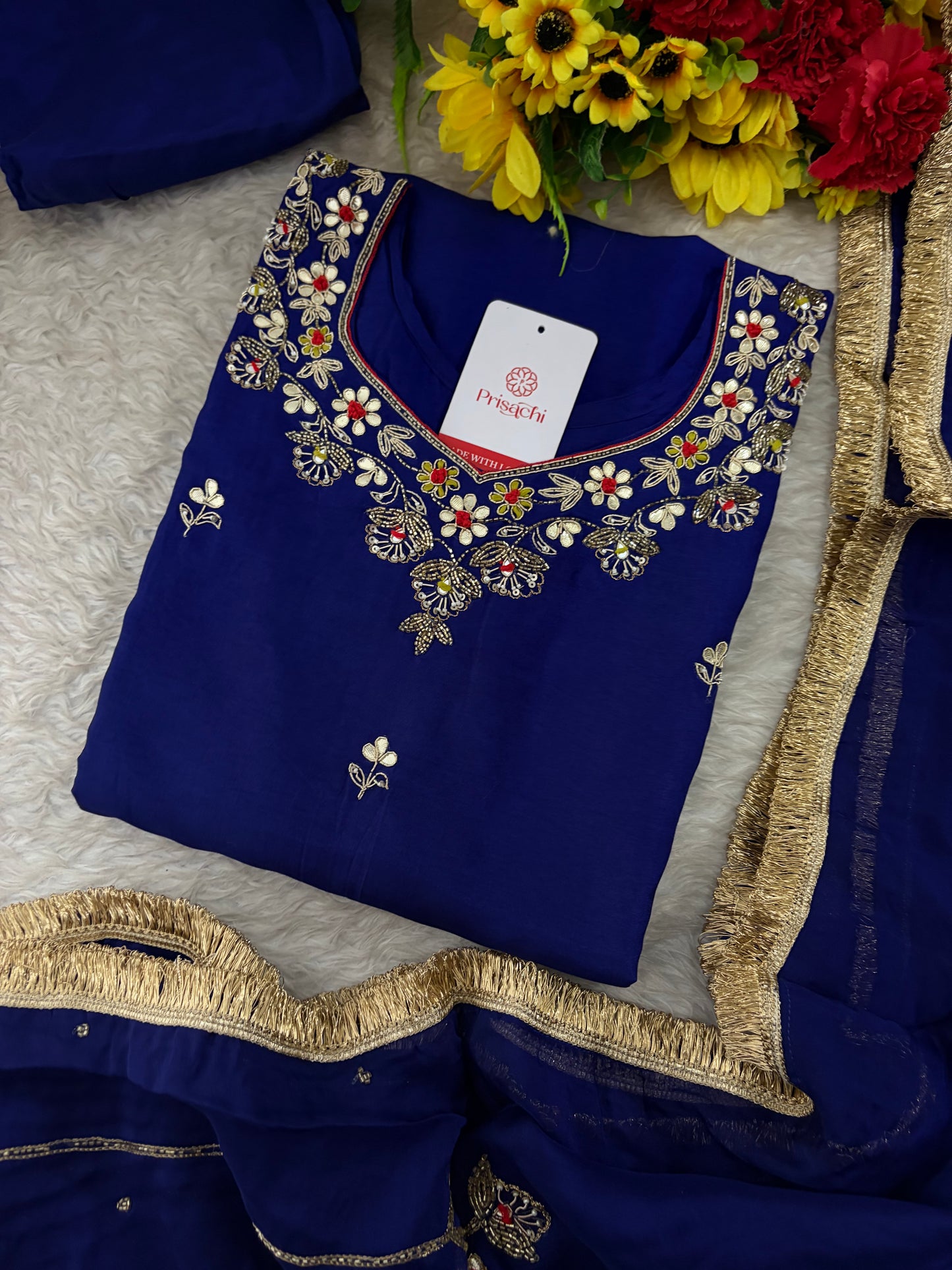 Royal Blue Embroidered Ethnic Kurta set with Pants and Dupatta For Women's