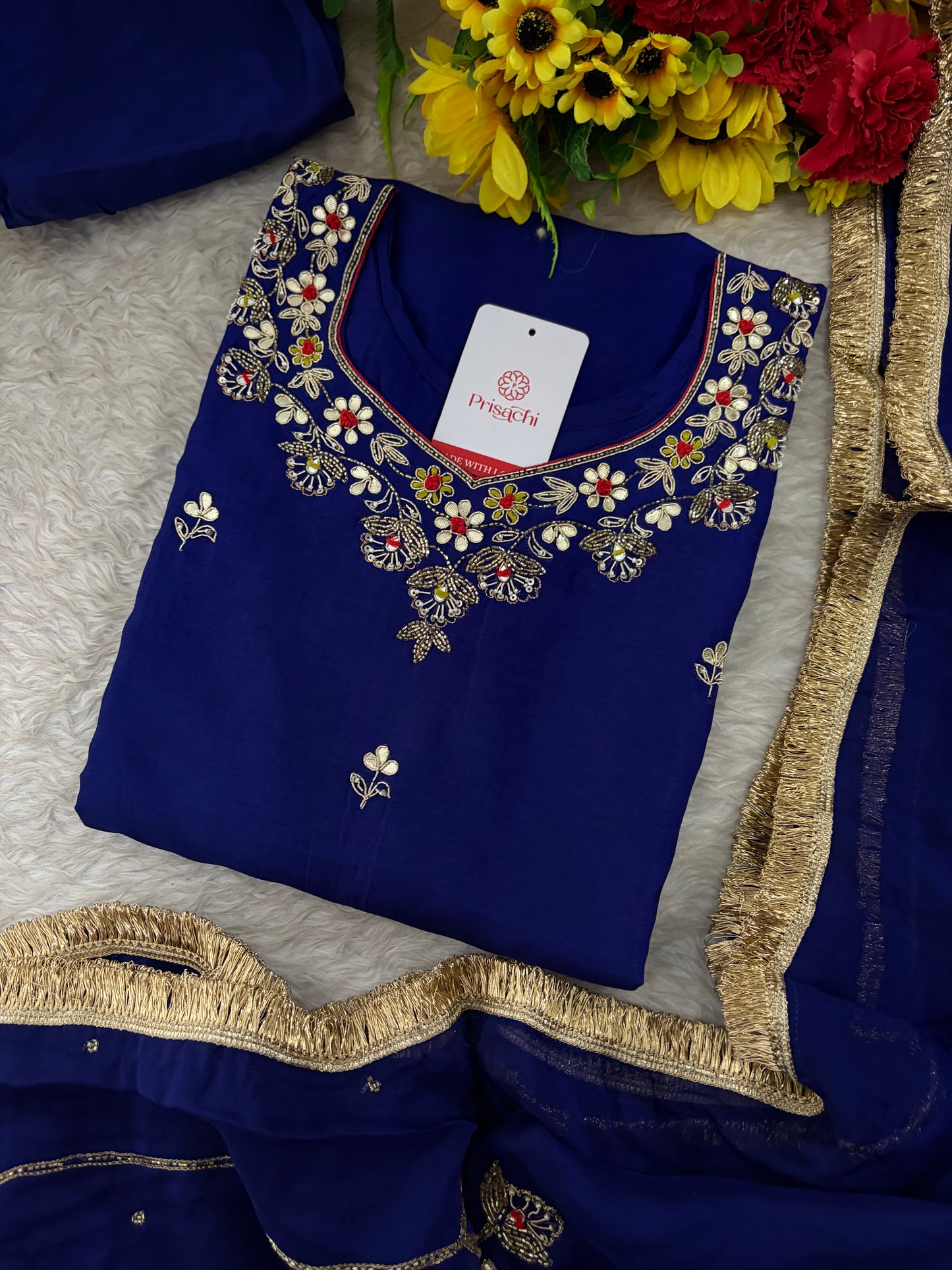 Royal Blue Embroidered Ethnic Kurta set with Pants and Dupatta For Women's