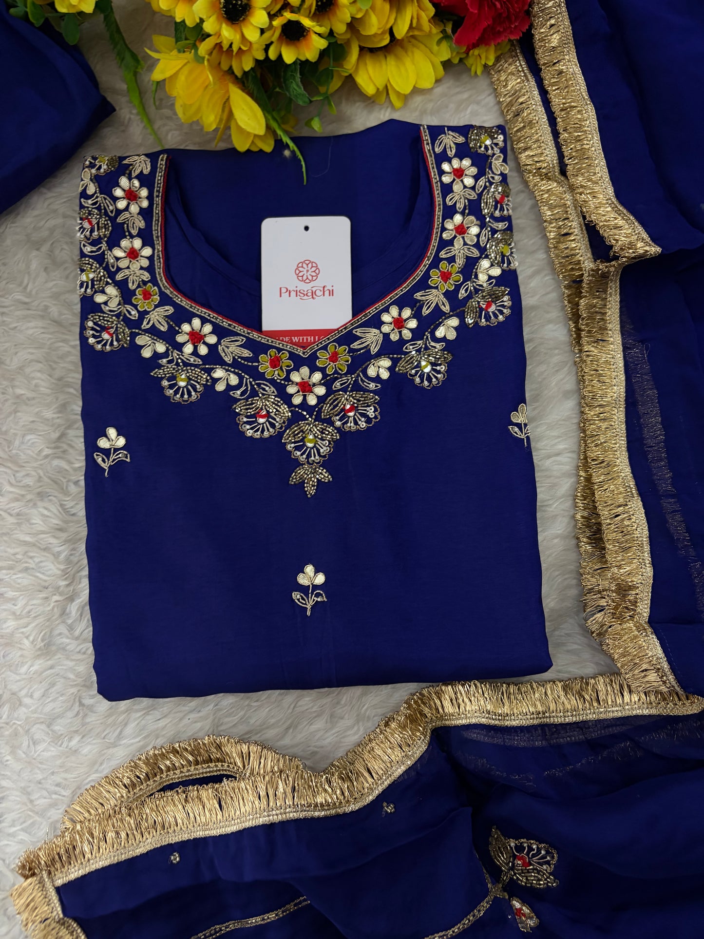 Royal Blue Embroidered Ethnic Kurta set with Pants and Dupatta For Women's