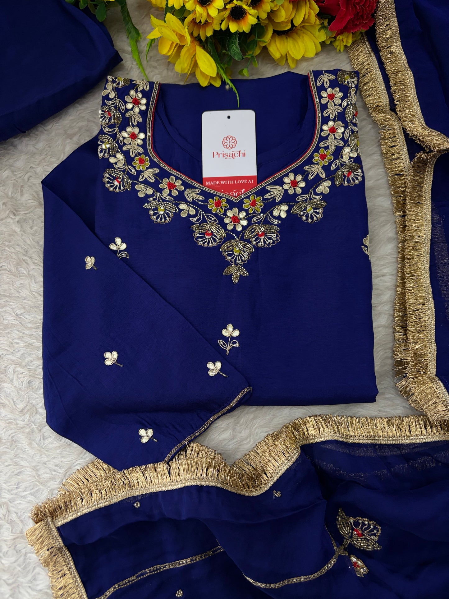 Royal Blue Embroidered Ethnic Kurta set with Pants and Dupatta For Women's