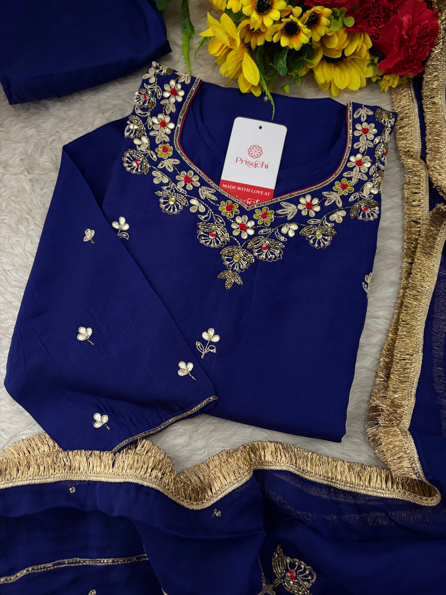Royal Blue Embroidered Ethnic Kurta set with Pants and Dupatta For Women's