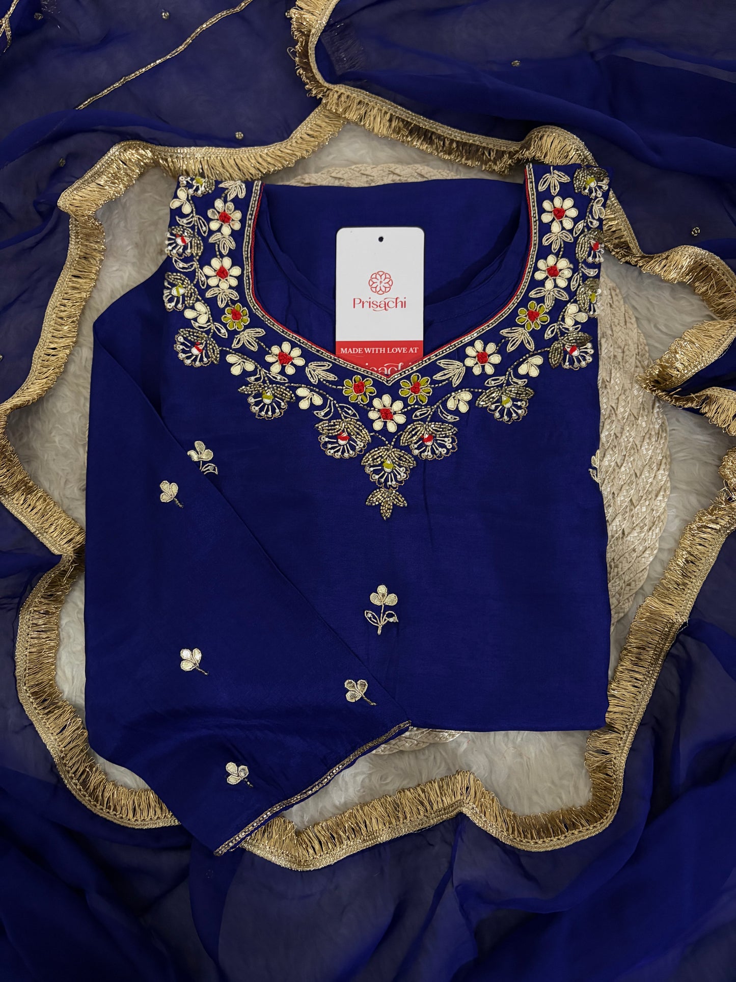 Royal Blue Embroidered Ethnic Kurta set with Pants and Dupatta For Women's