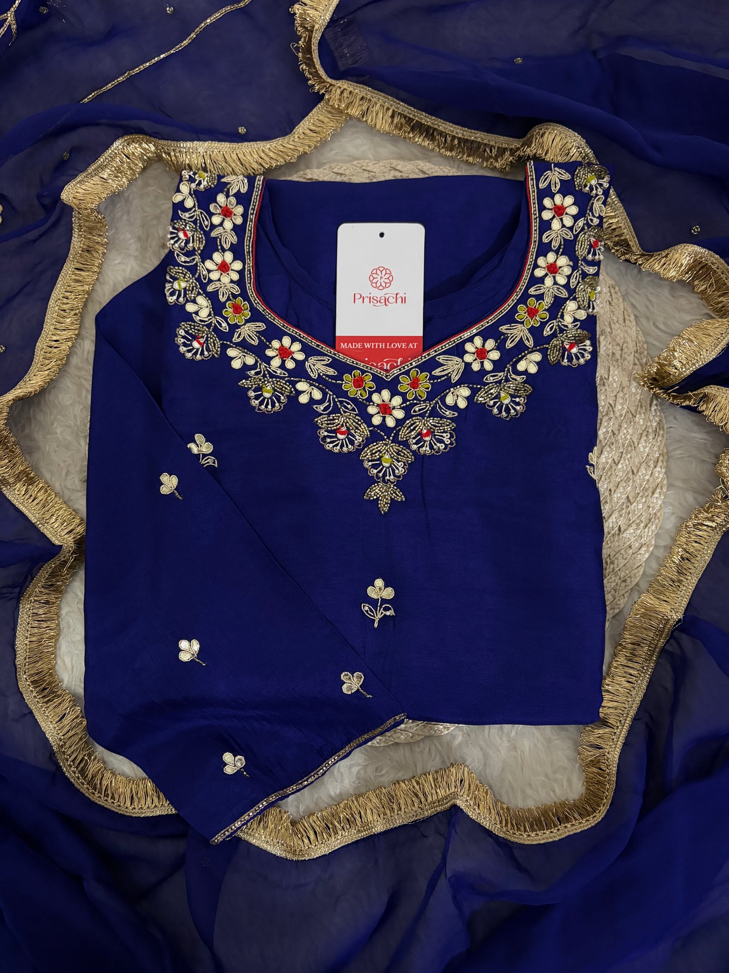 Royal Blue Embroidered Ethnic Kurta set with Pants and Dupatta For Women's