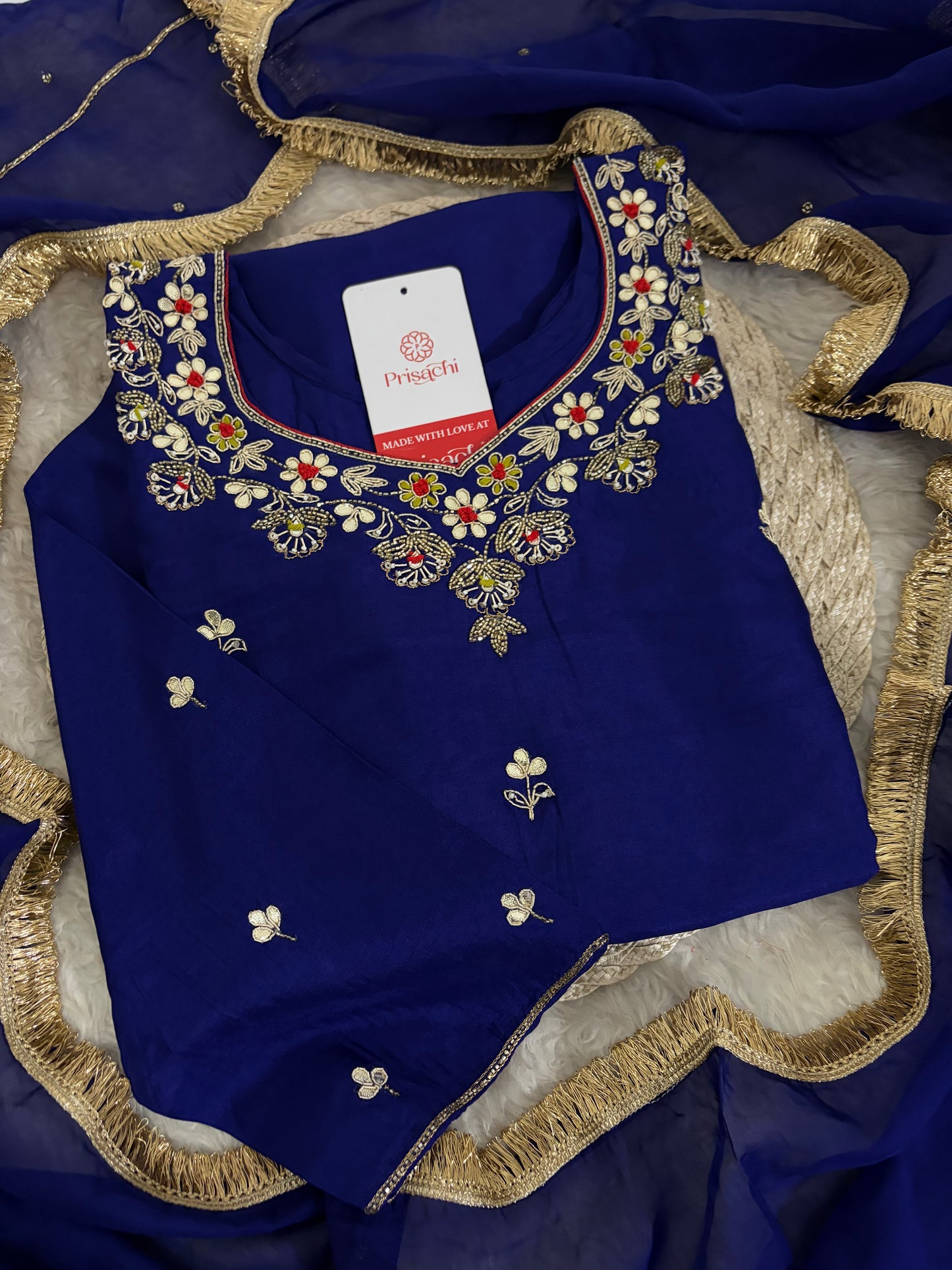 Royal Blue Embroidered Ethnic Kurta set with Pants and Dupatta For Women's