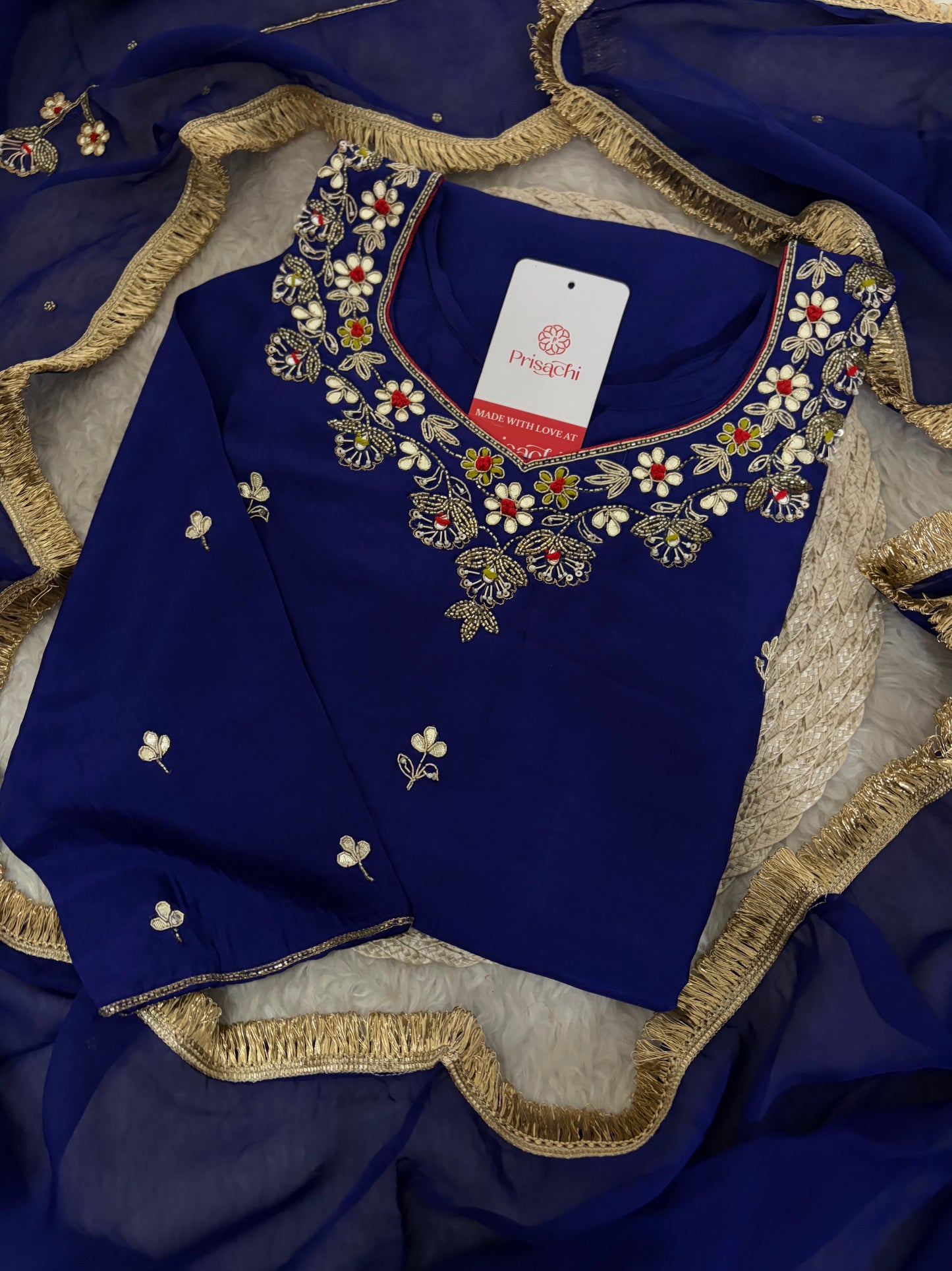 Royal Blue Embroidered Ethnic Kurta set with Pants and Dupatta For Women's