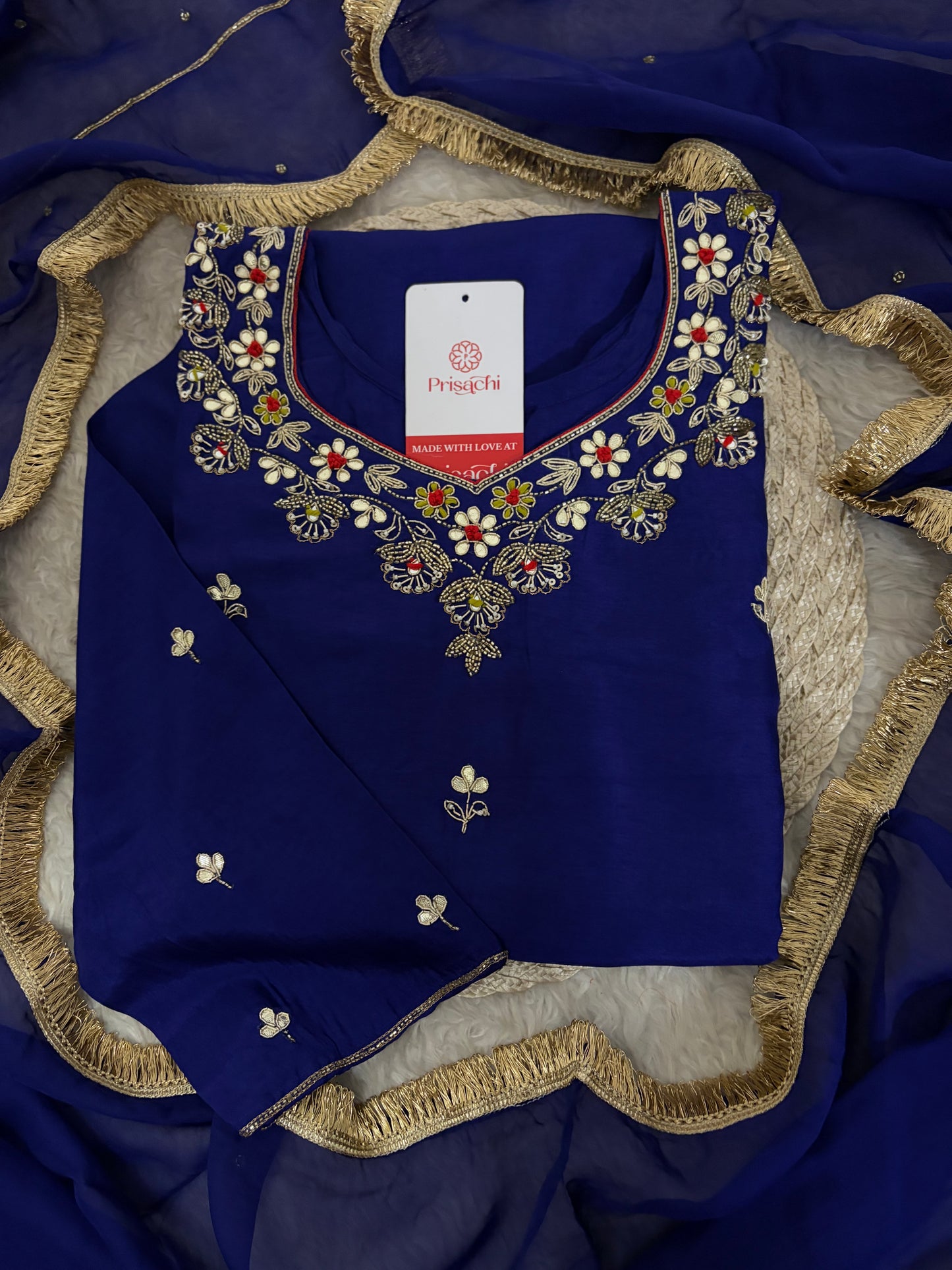 Royal Blue Embroidered Ethnic Kurta set with Pants and Dupatta For Women's