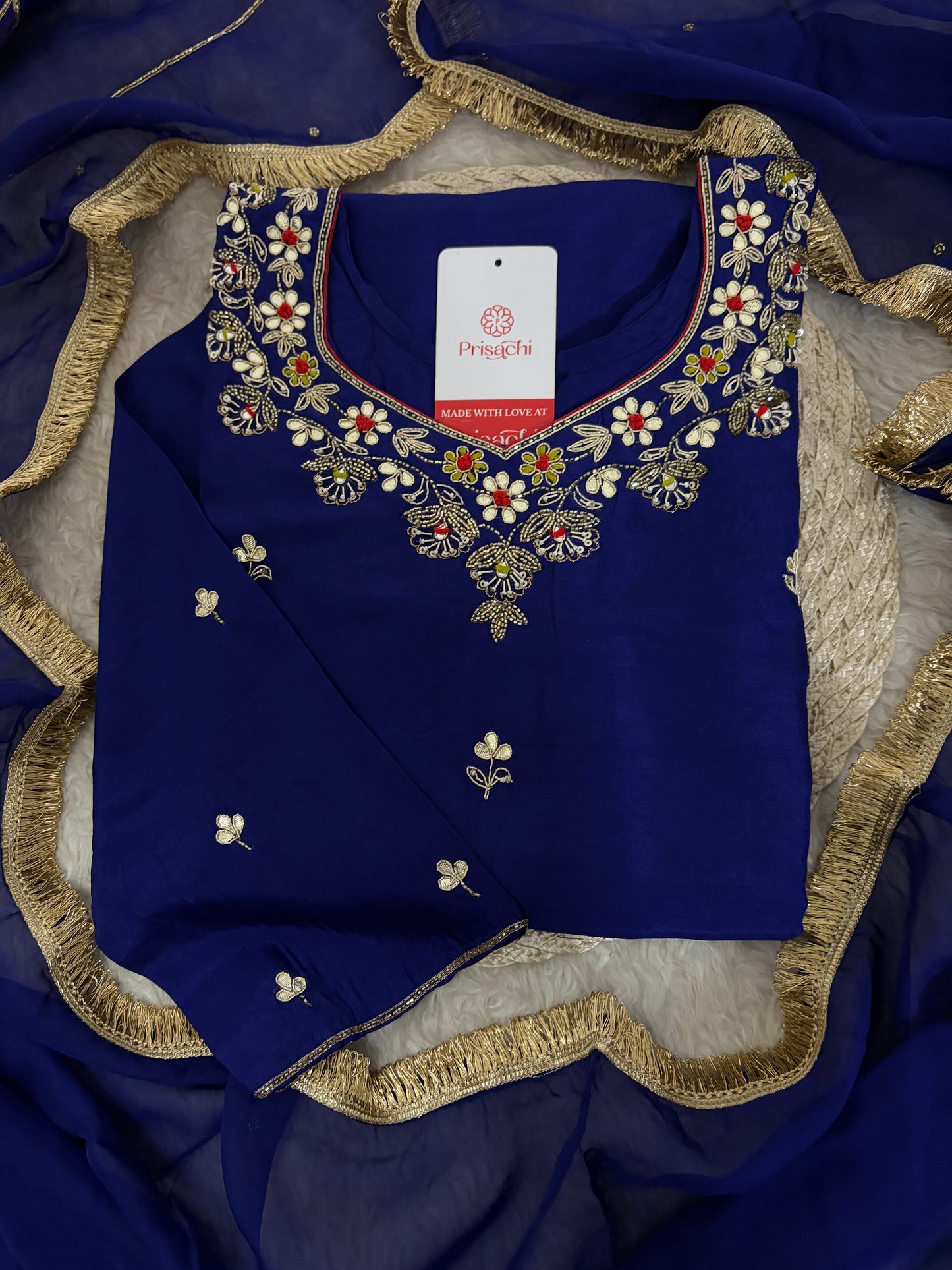 Royal Blue Embroidered Ethnic Kurta set with Pants and Dupatta For Women's
